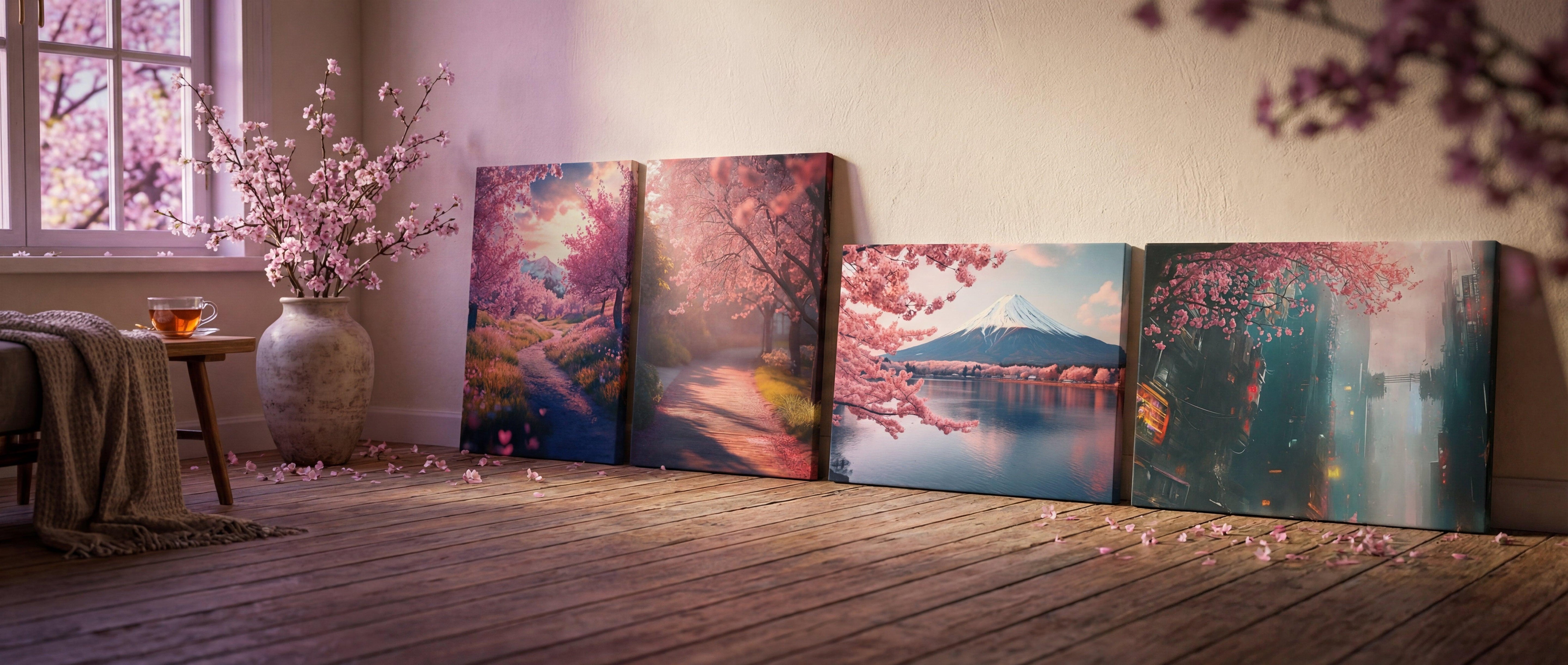 Four rectangular canvas prints featuring vibrant pink cherry blossoms and serene japanese landscapes, displayed against a soft beige wall.