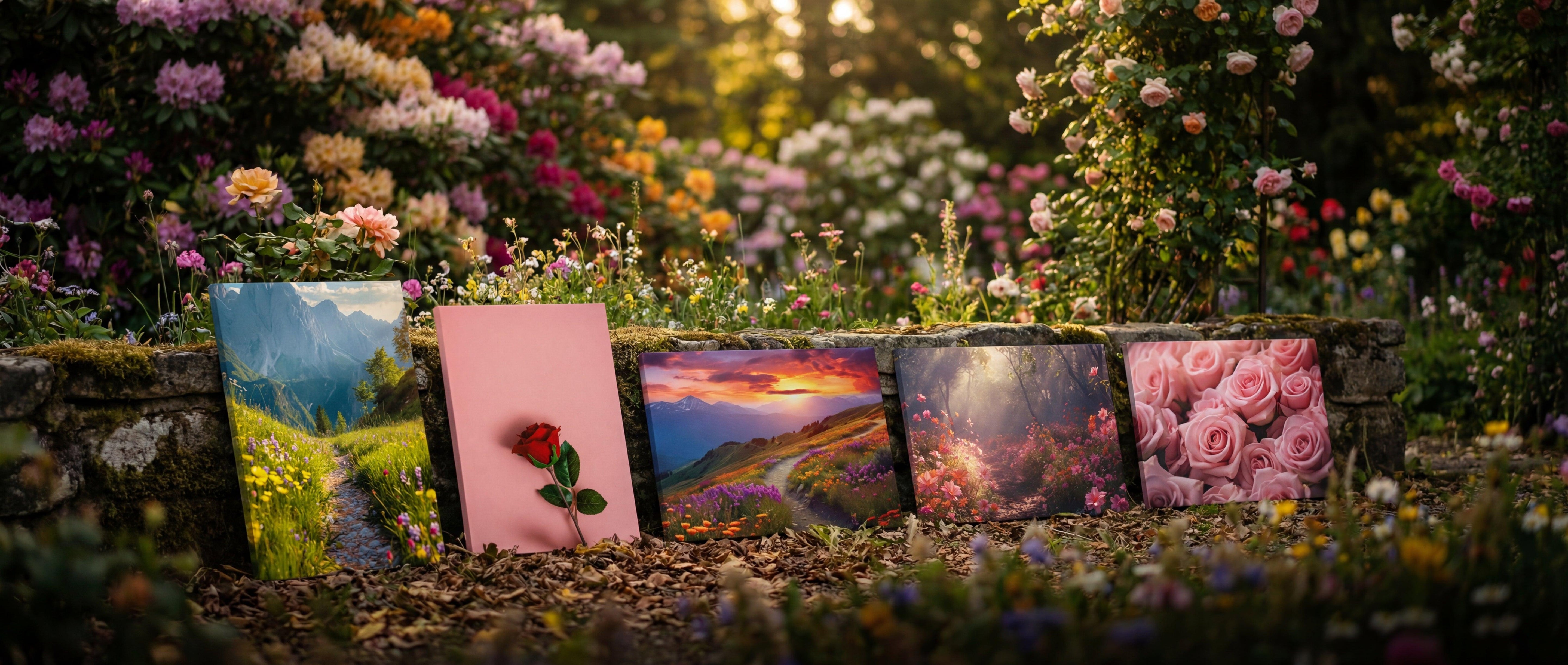 Four rectangular canvas prints, each displaying distinct nature-themed artwork including mountains, a rose on pink background, and floral landscapes.