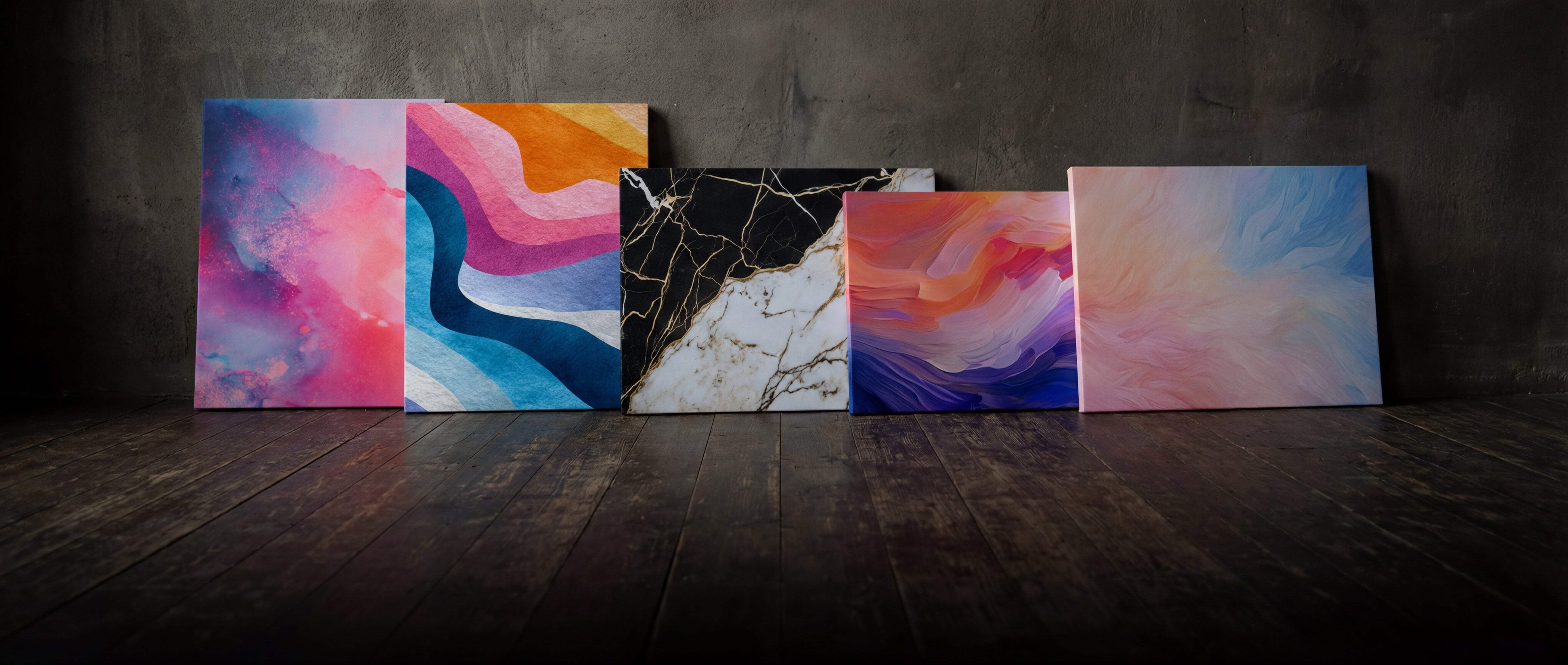 Five abstract canvas paintings with vibrant, flowing color gradients and one featuring a black-and-white marble pattern.