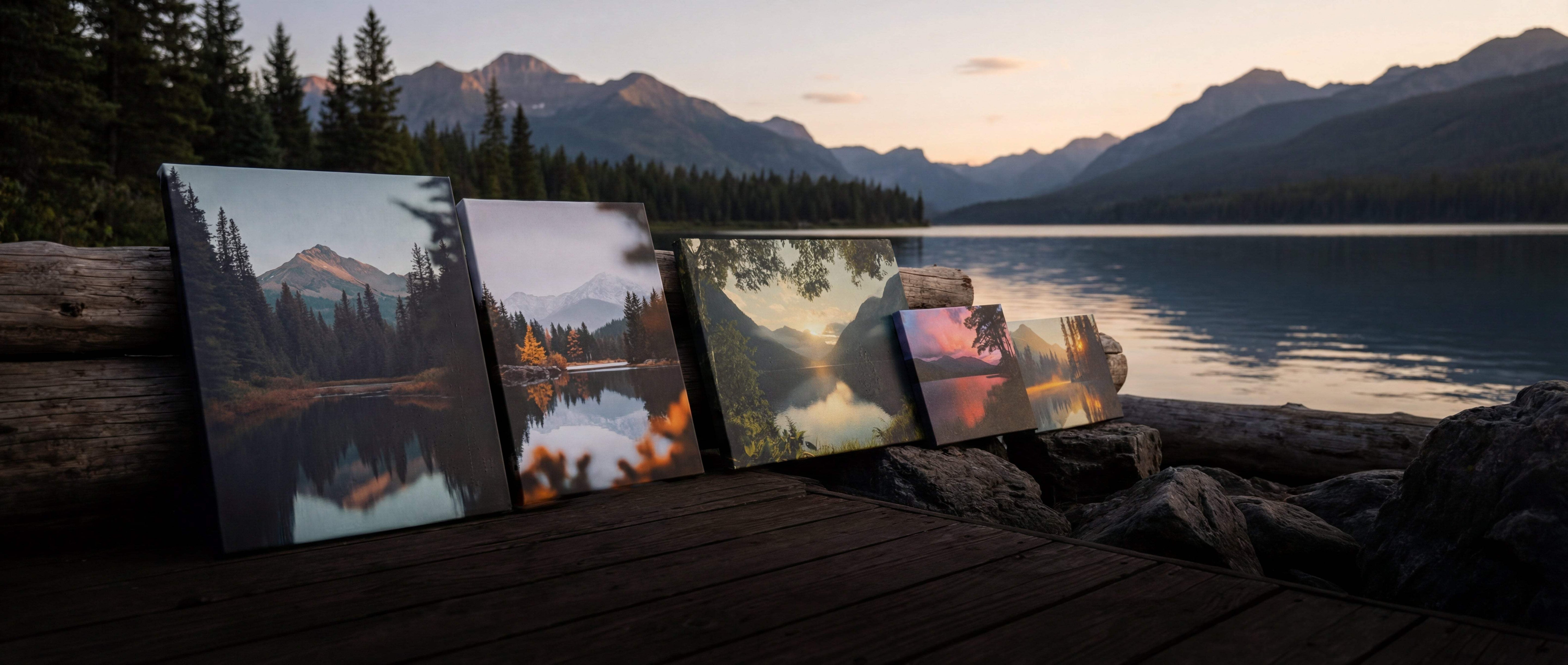 Four framed landscape prints leaning against a wooden log, each displaying vibrant mountain and lake scenes with rich colors like deep blues, warm oranges, and soft purples.