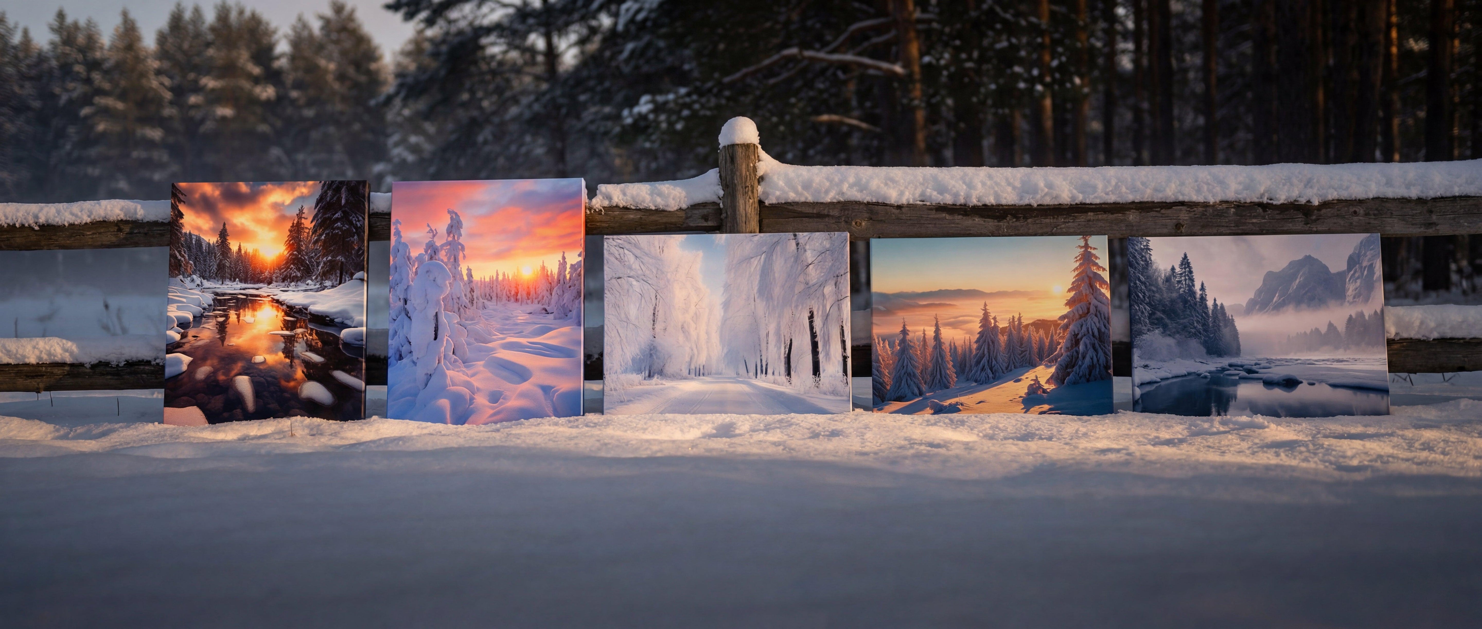 Five framed winter landscape prints, each showcasing vibrant sunsets and snow-covered forests in rich hues of orange, pink, purple, and blue.