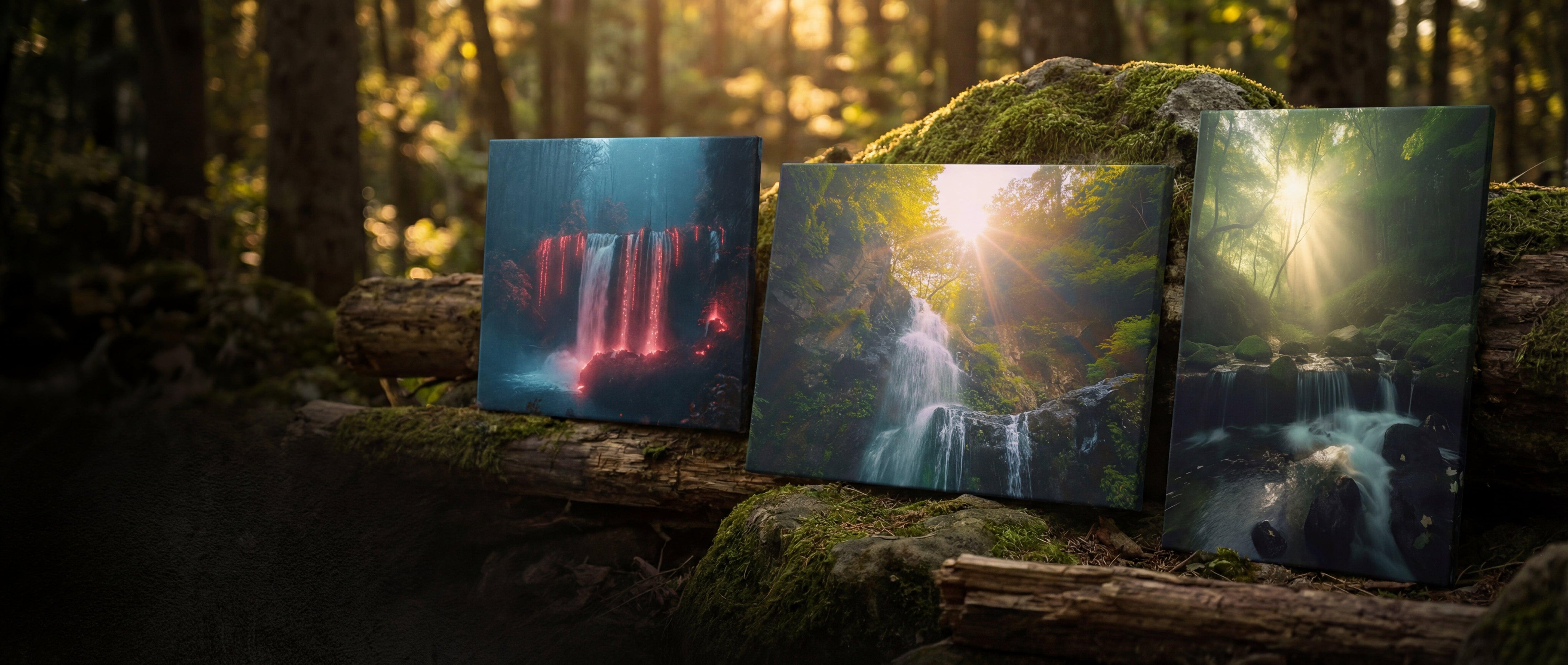 Three framed canvas prints depicting scenic waterfalls, each with distinct color palettes and lighting effects.