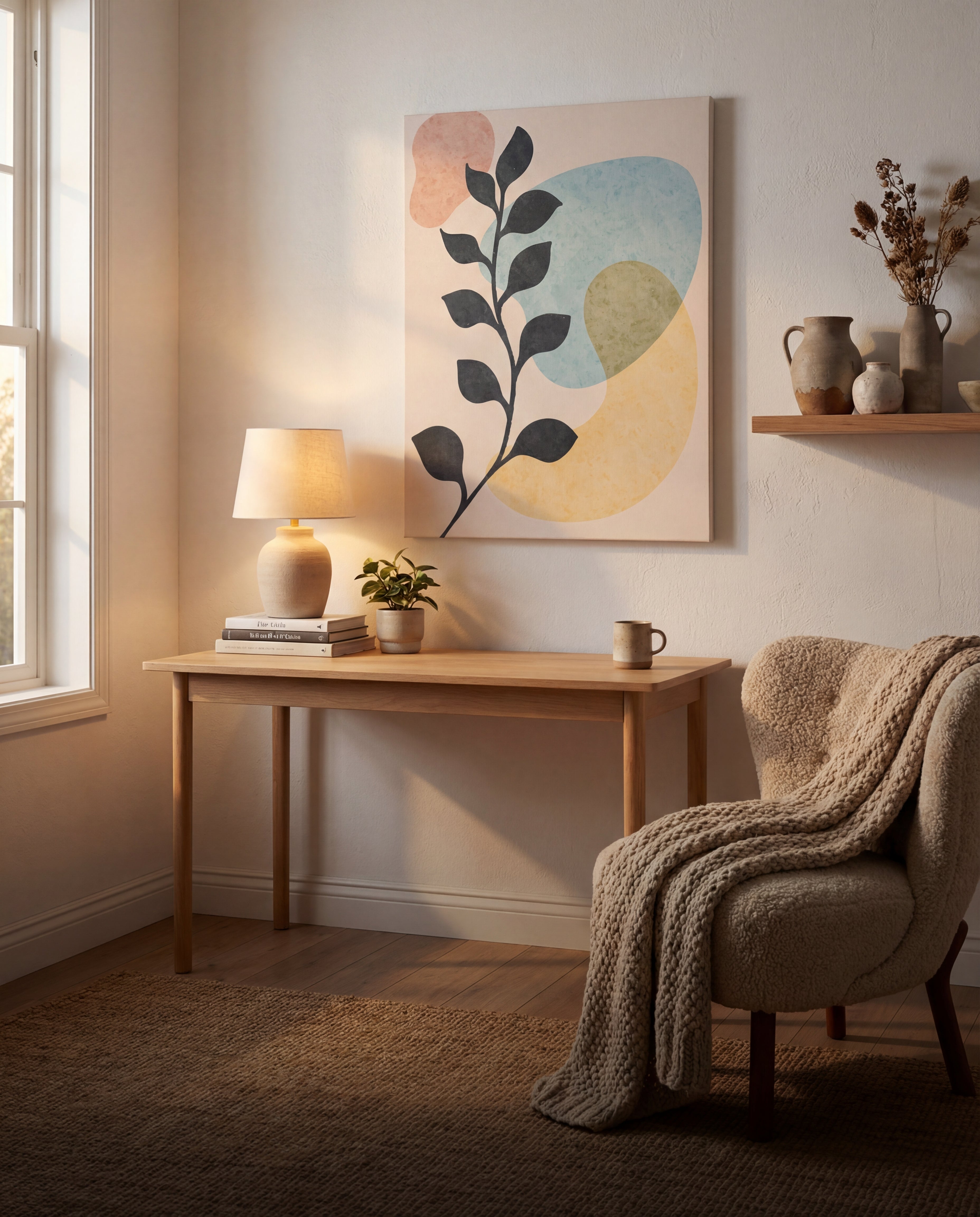 Beige tufted armchair draped with a chunky knit throw.
