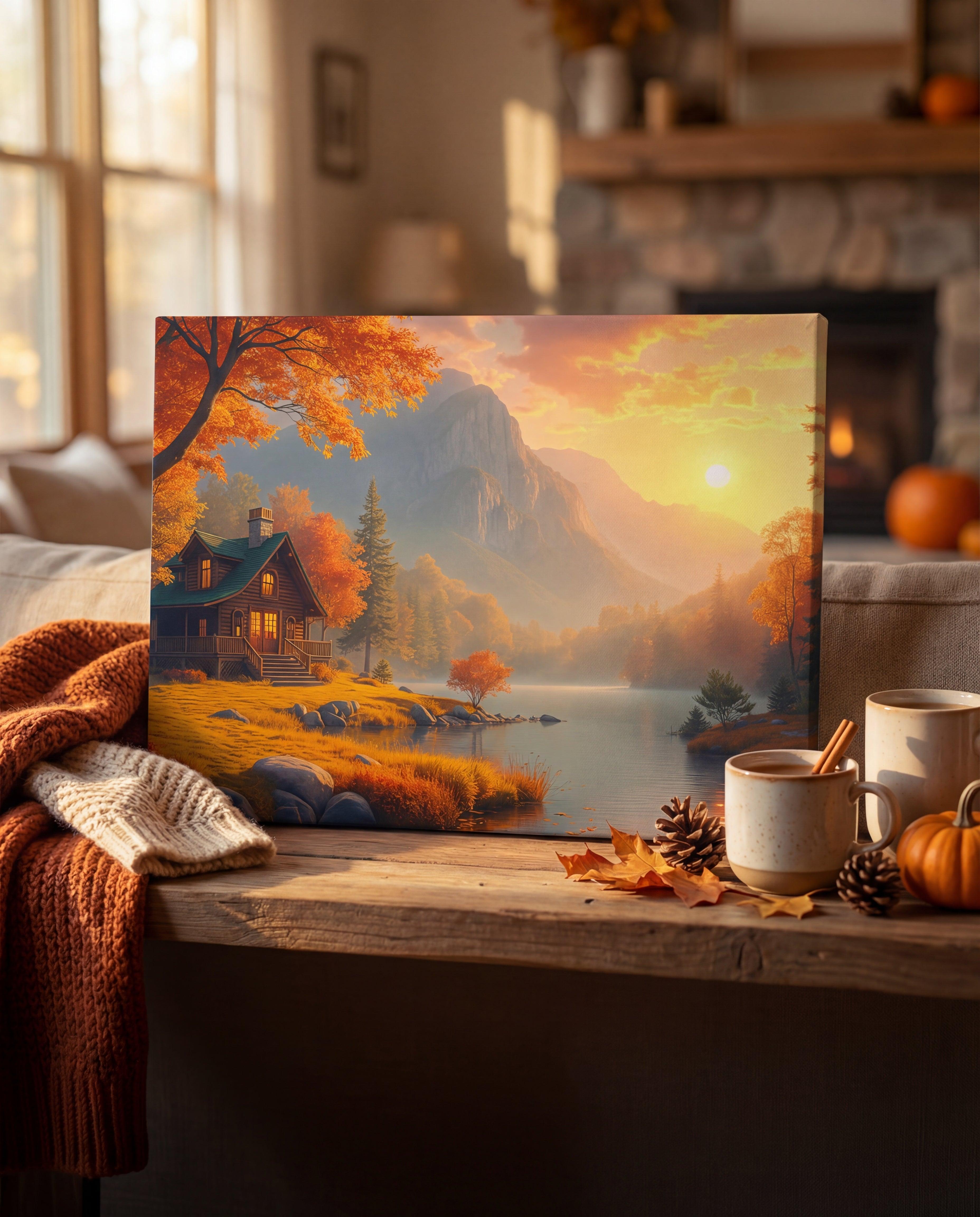 A rectangular canvas painting depicting a cozy autumn landscape with warm golden and orange hues, featuring a rustic cabin by a lake surrounded by trees in fall foliage.