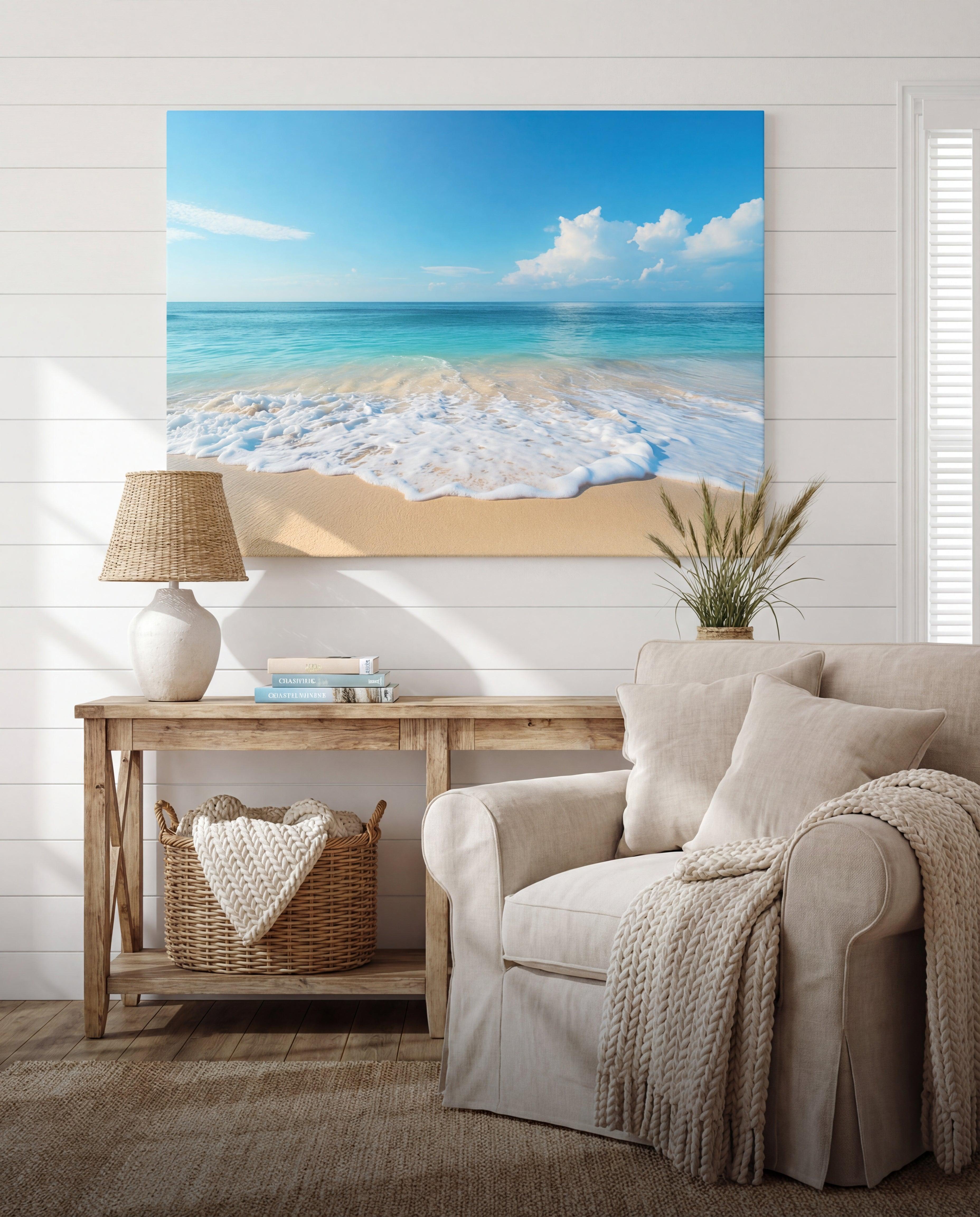 Beige armchair with a textured knit throw draped over its seat and back.