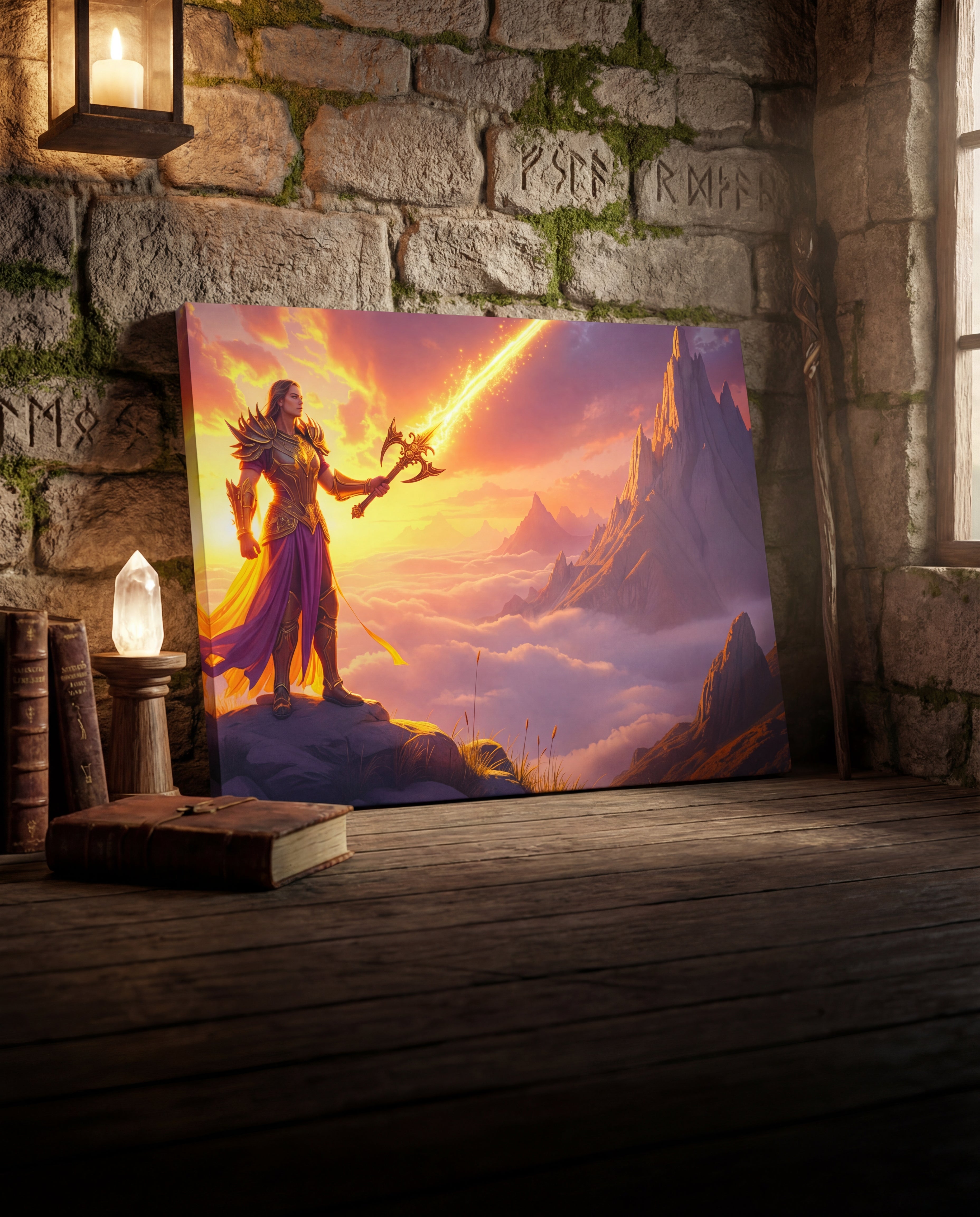 A vibrant fantasy-themed canvas print depicting a warrior in golden armor and purple robes wielding a glowing axe against a backdrop of fiery mountains and clouds.