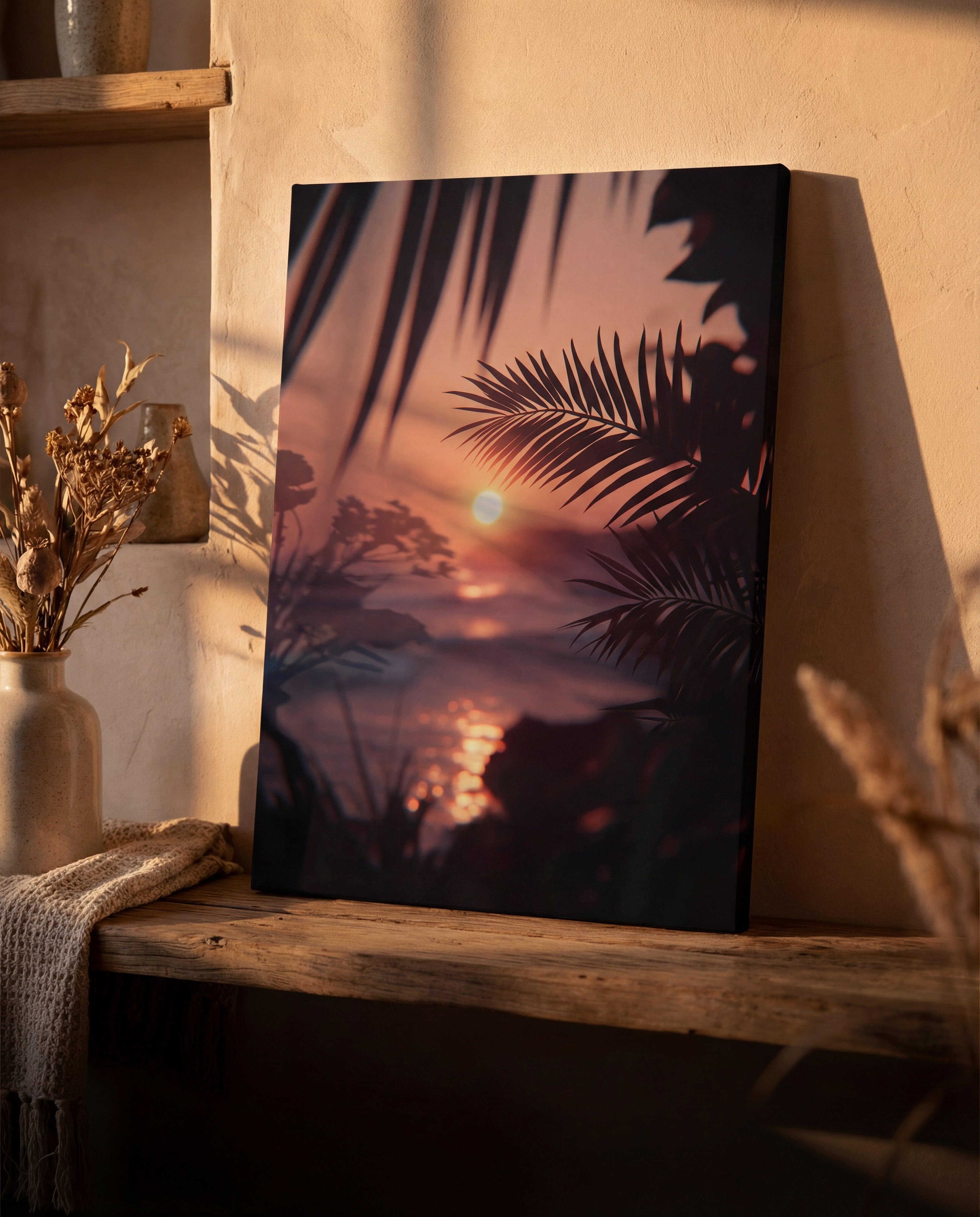 A rectangular canvas print featuring a tropical sunset with silhouetted palm fronds against warm pink and orange hues.