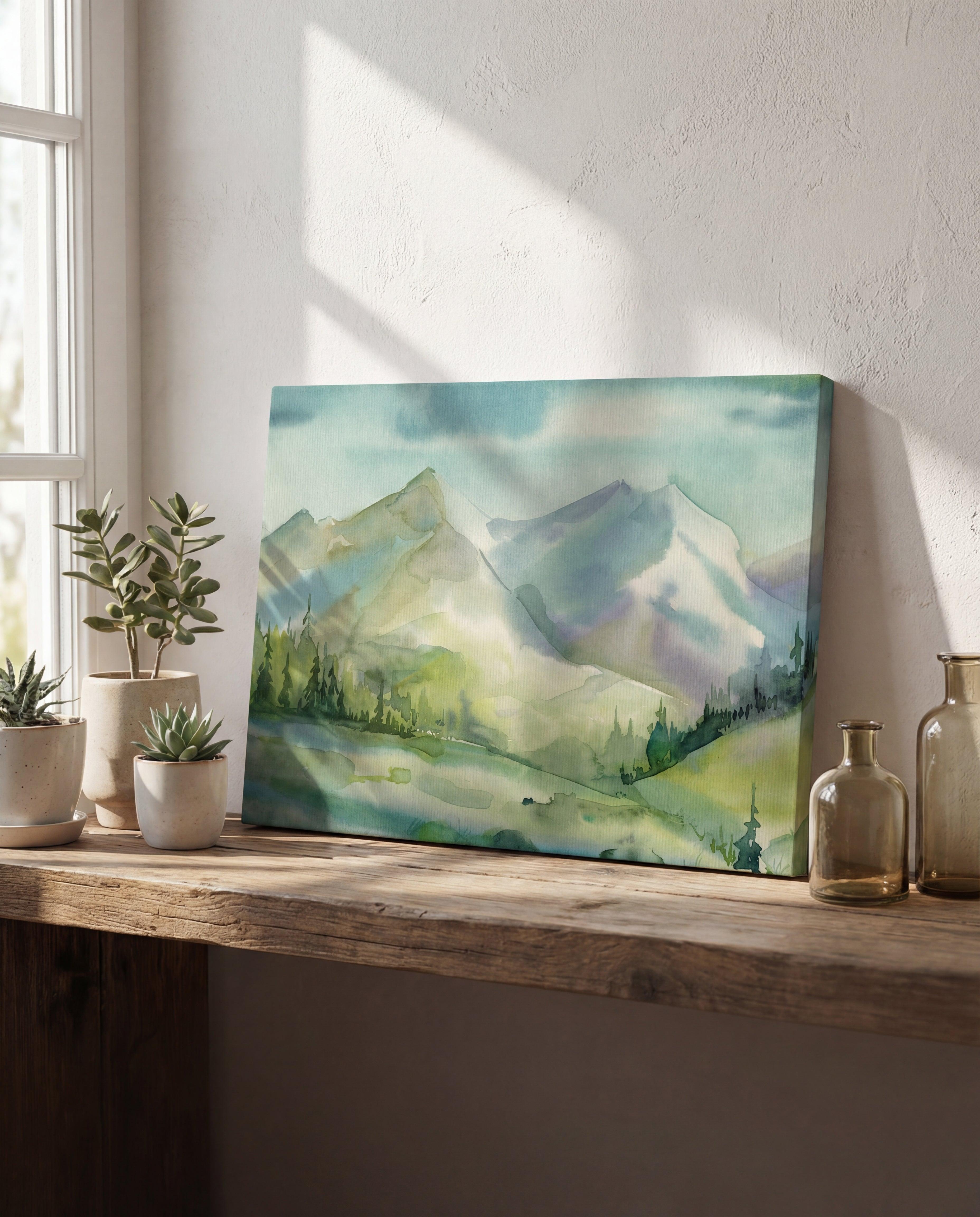 A watercolor mountain landscape painting on a stretched canvas, featuring soft greens and blues with snow-capped peaks.
