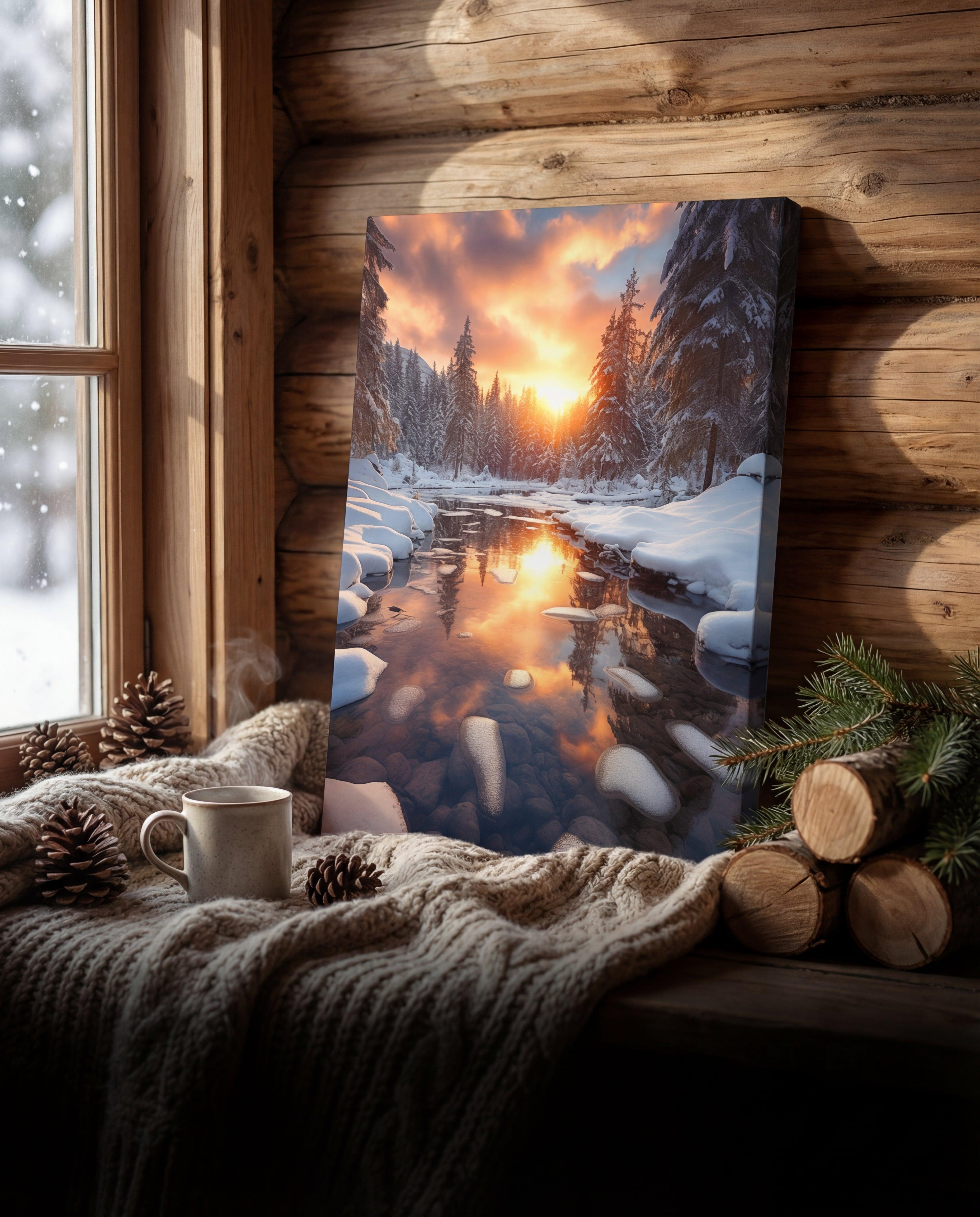 A framed canvas print depicting a snowy forest stream at sunset, with warm orange and gold hues reflecting on the water’s surface.