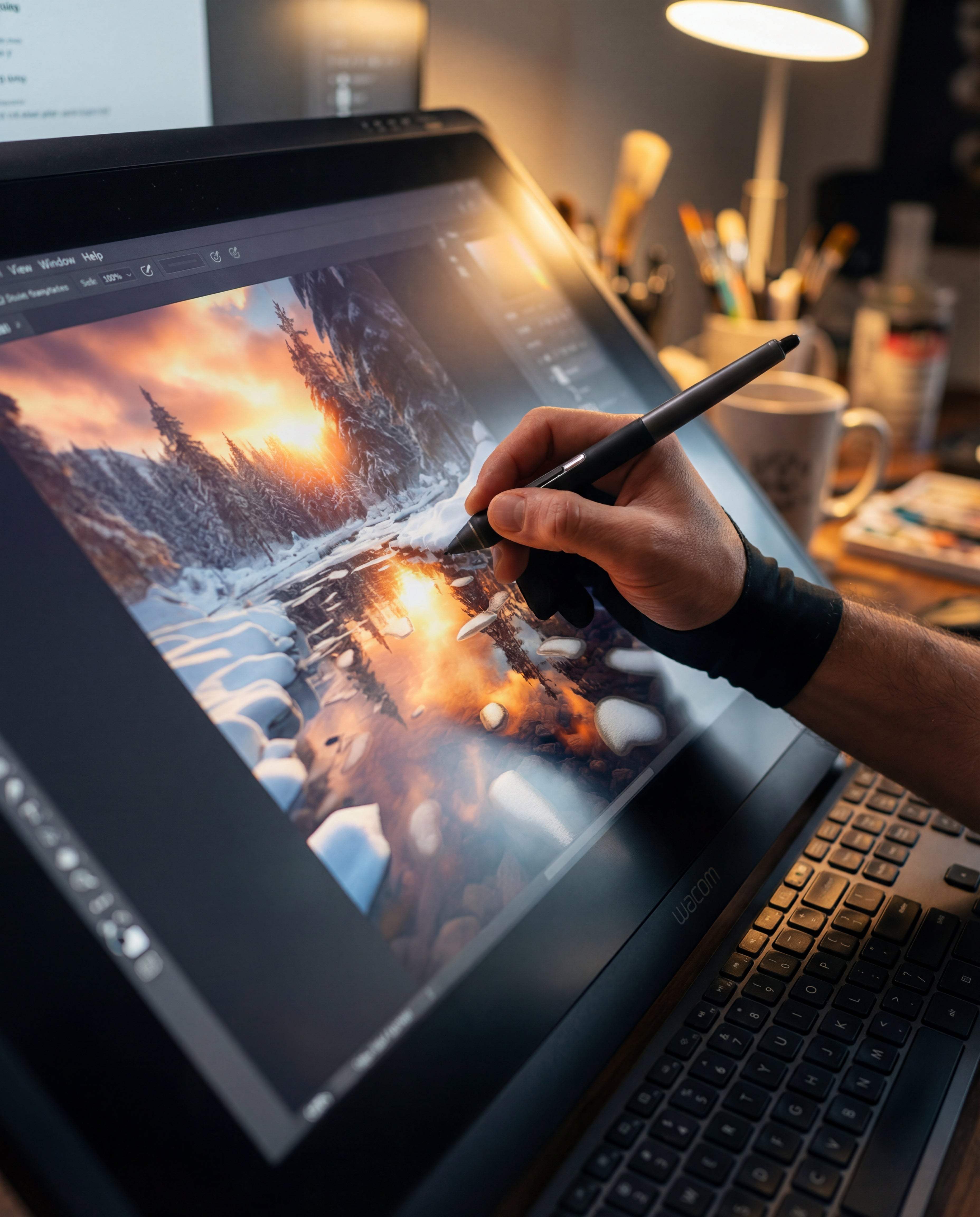 Black wacom stylus held in hand, drawing a snowy forest sunset scene on a digital tablet screen.