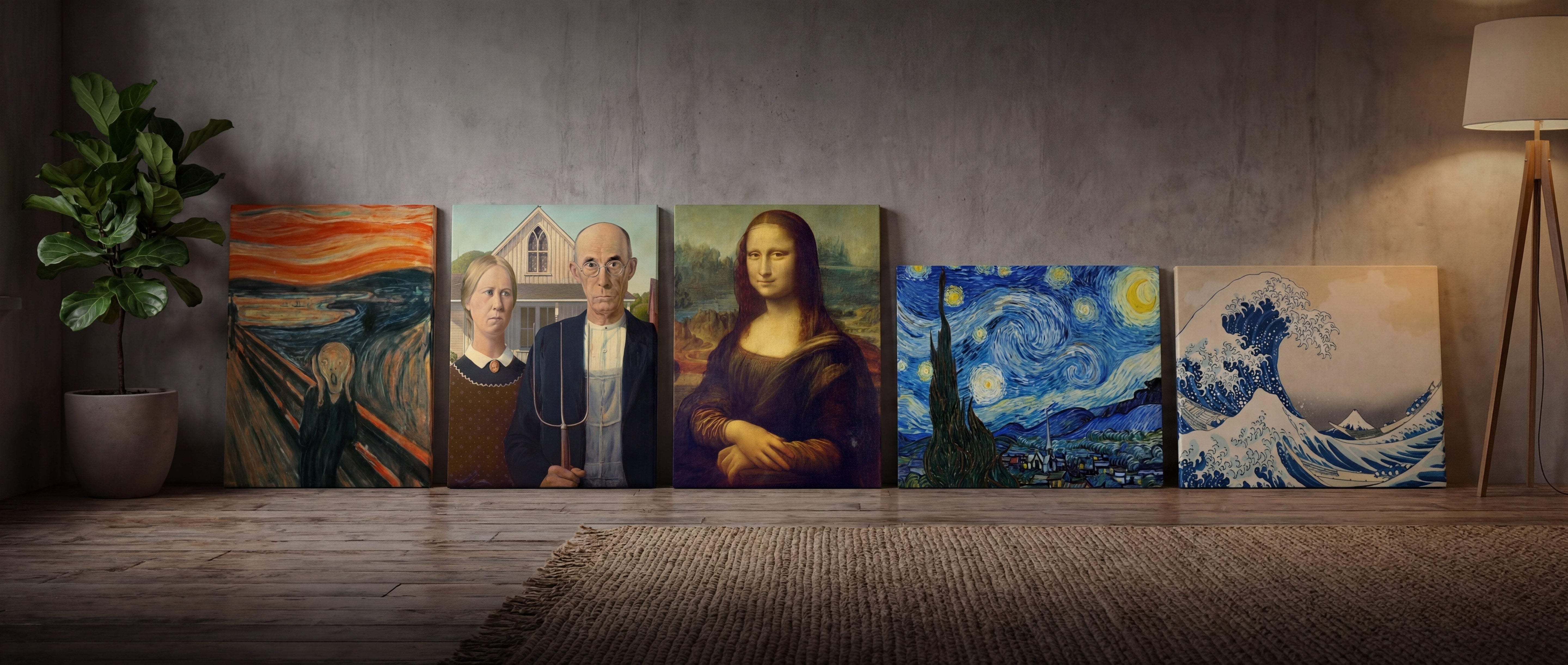 Five framed canvas prints of famous artworks, including the scream, portrait of a man and woman, mona lisa, starry night, and the great wave off kanagawa.