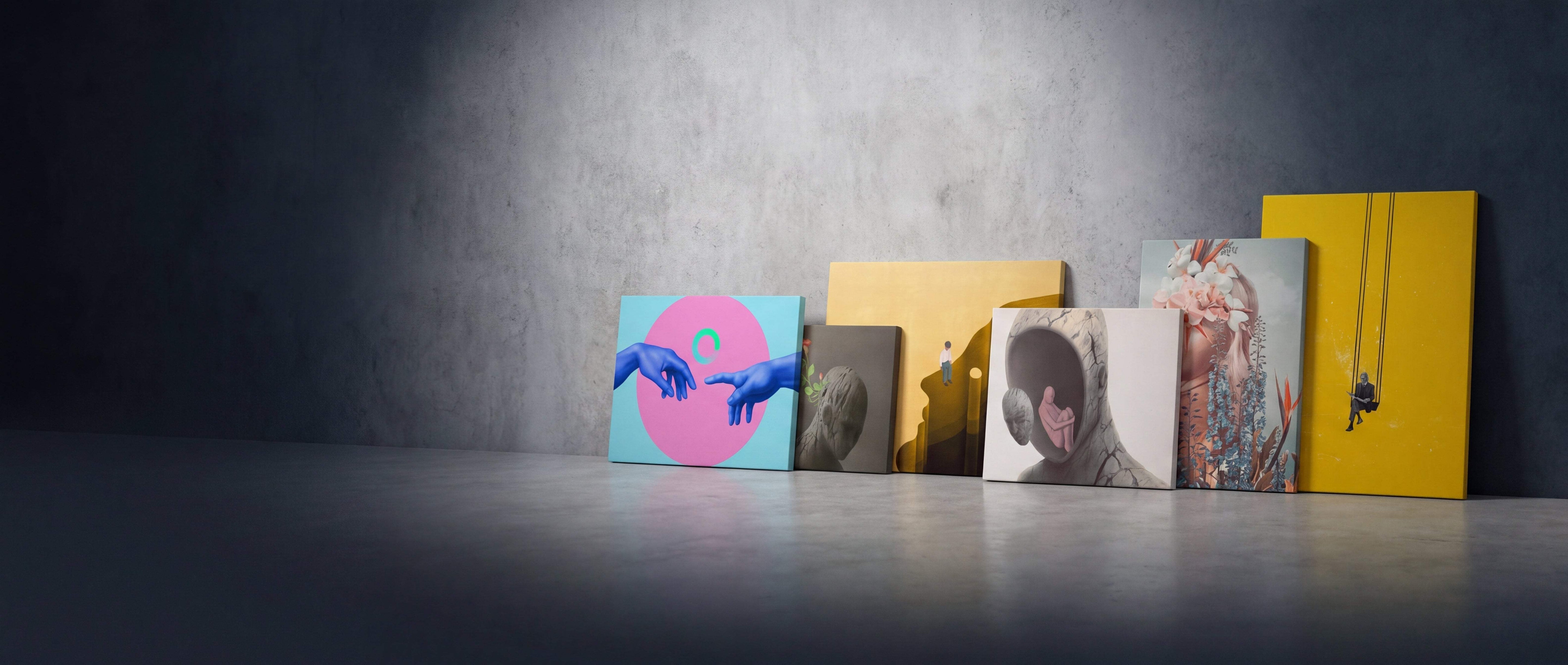 A collection of six framed canvas prints, each featuring unique artwork including a blue and pink ’the creation of adam’ design on the leftmost piece.