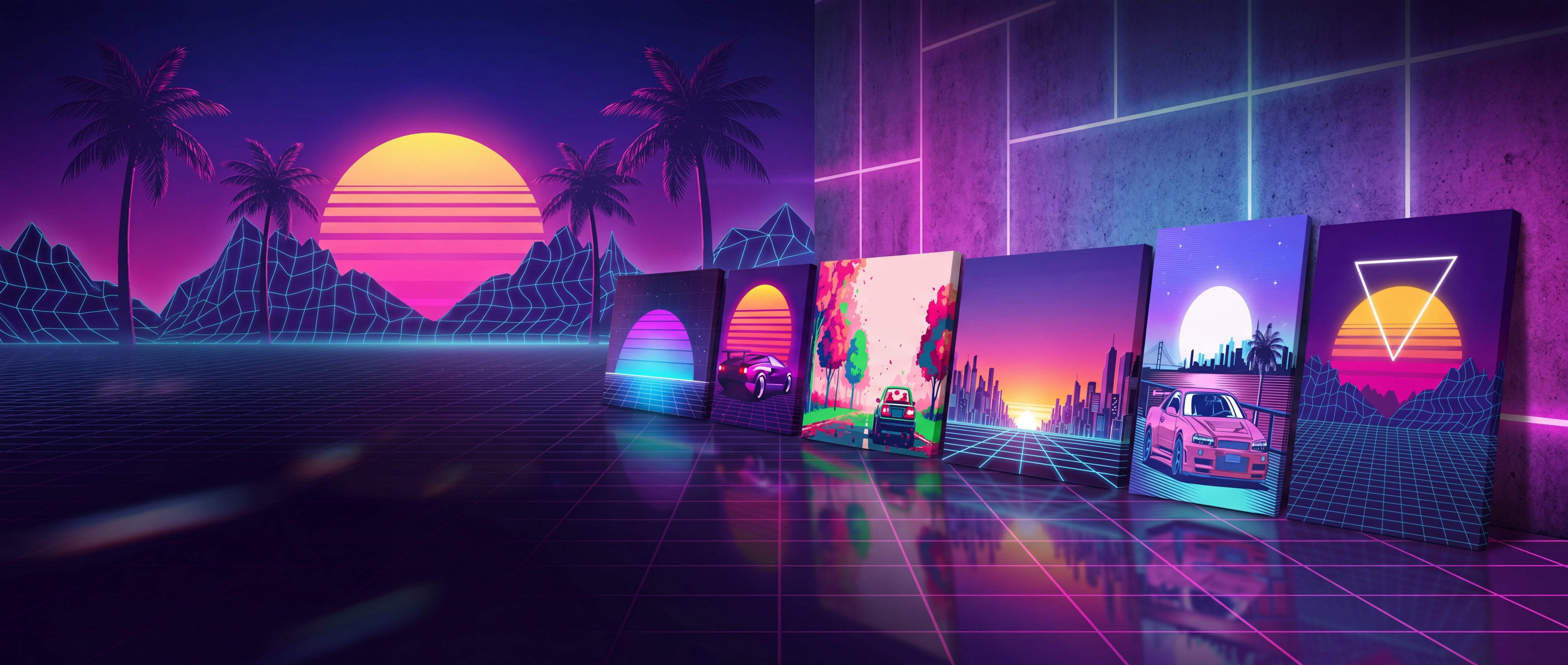Neon-lit retro-futuristic canvas prints featuring vibrant gradients, pixelated landscapes, and iconic 80s-style cars on a glowing grid floor.
