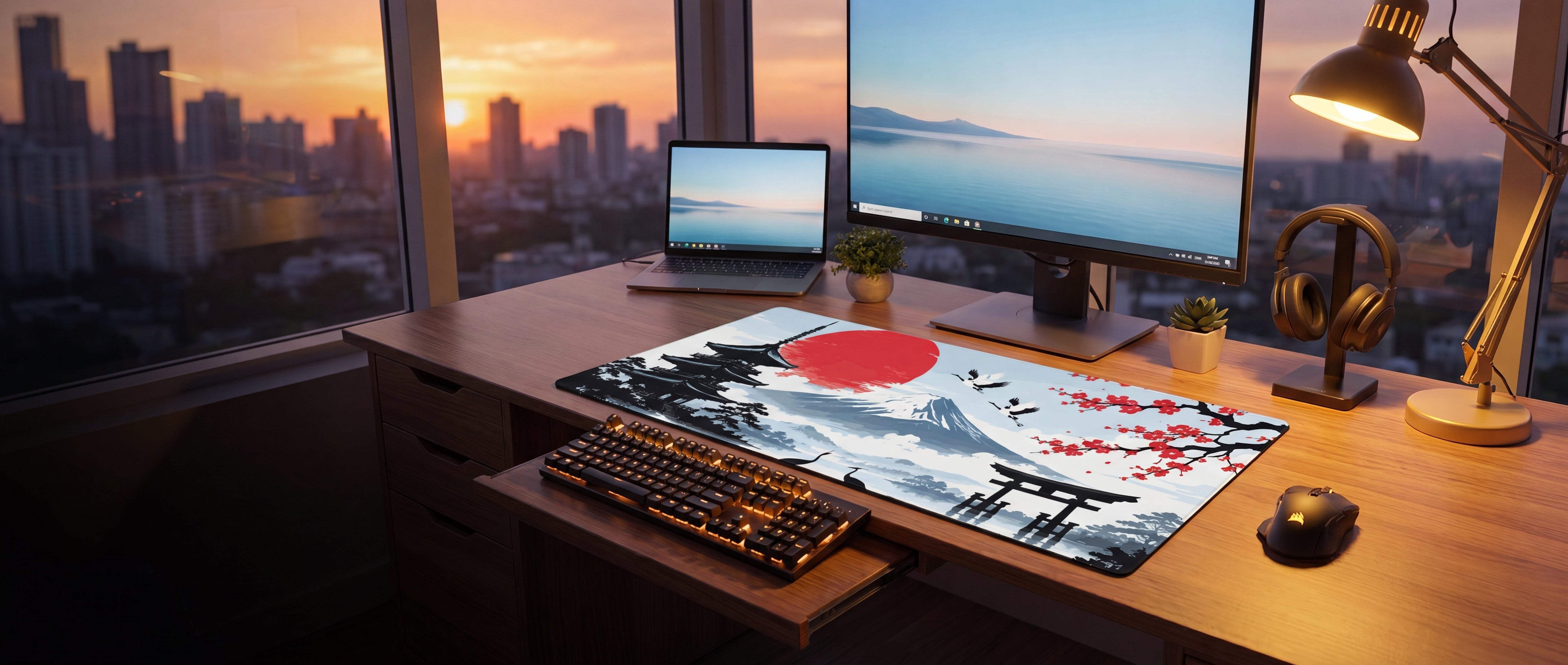 A rectangular gaming mousepad featuring a detailed illustration of mount fuji, cherry blossoms in pink and red hues, black torii gates, and a prominent red sun against a serene blue sky backdrop.