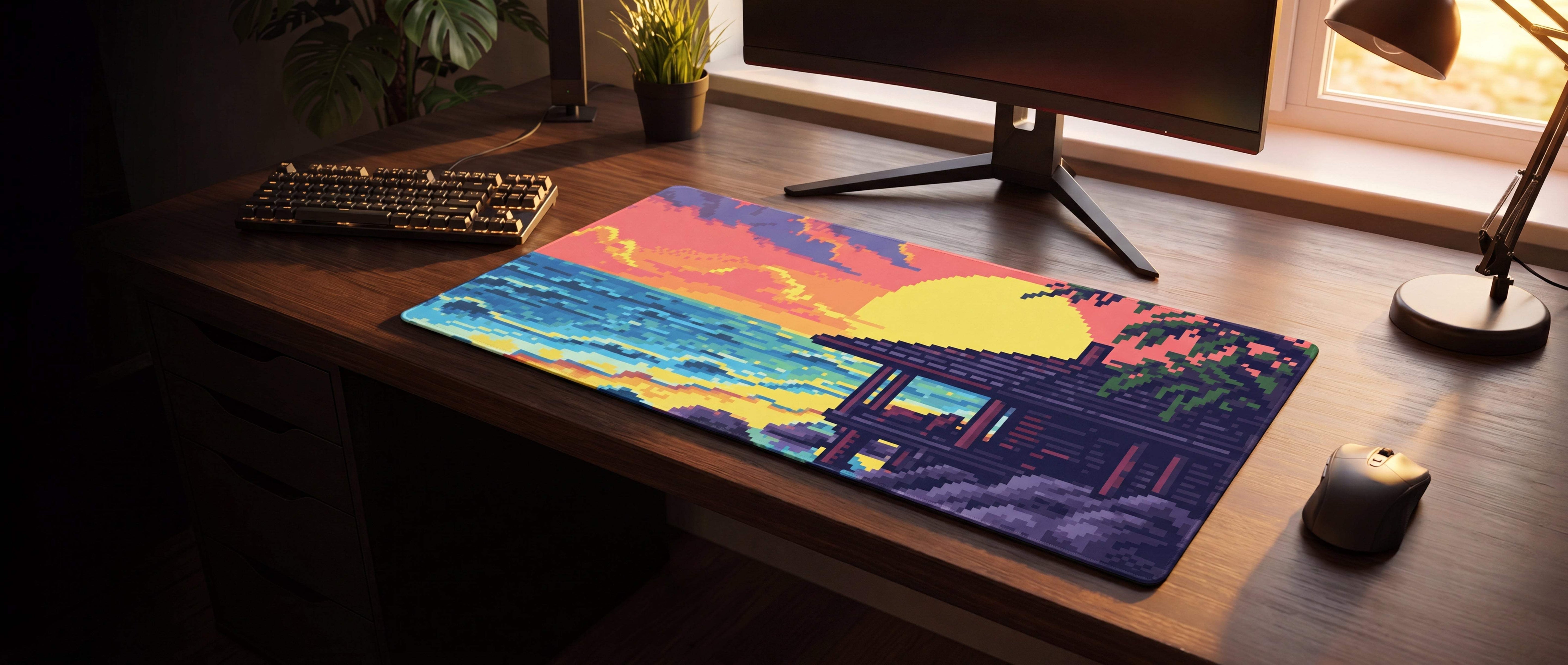 A vibrant, pixel-art designed mousepad featuring a sunset over the ocean with a traditional japanese torii gate in the foreground.