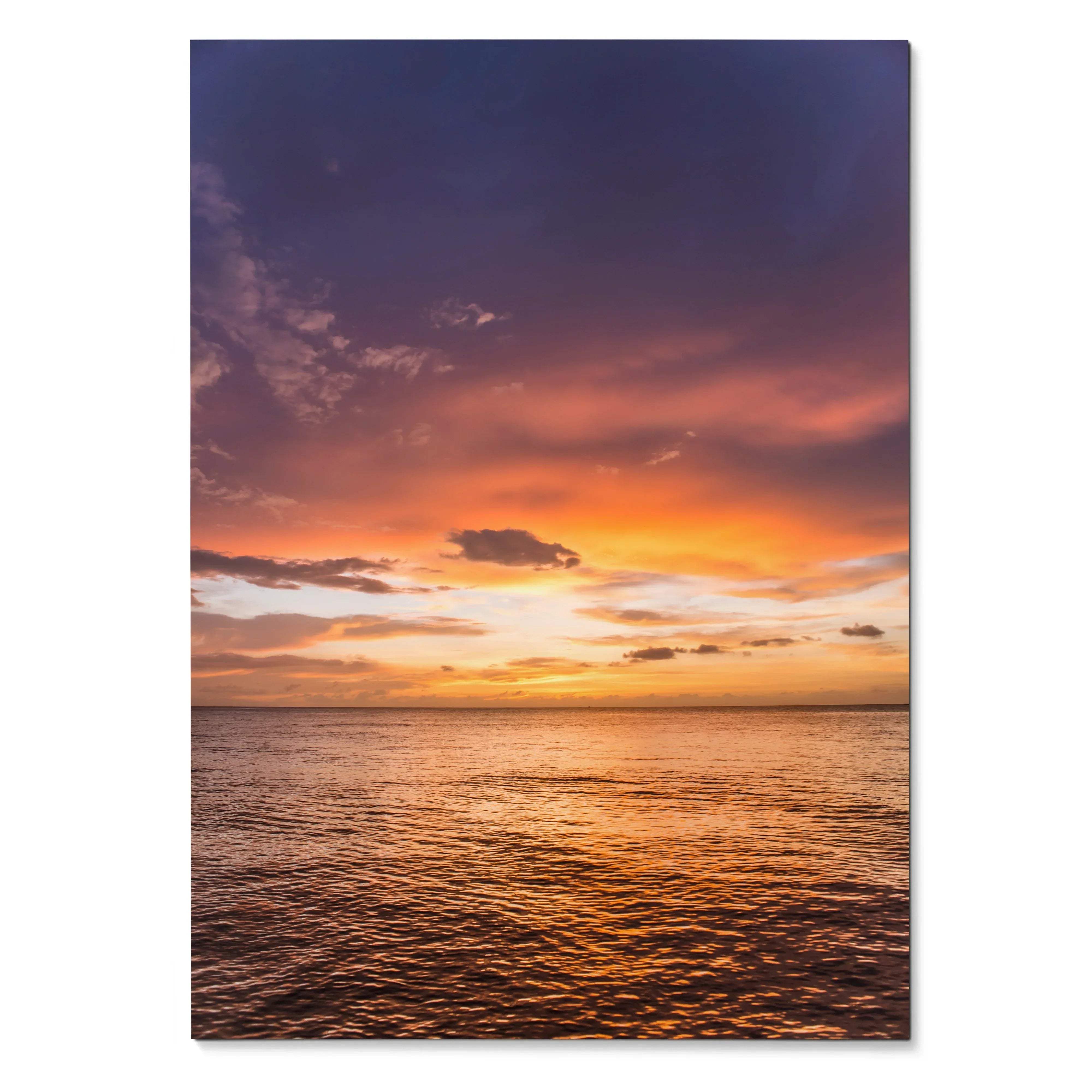 Vertical poster of ocean sunset with vibrant orange sky and calm water wall art.