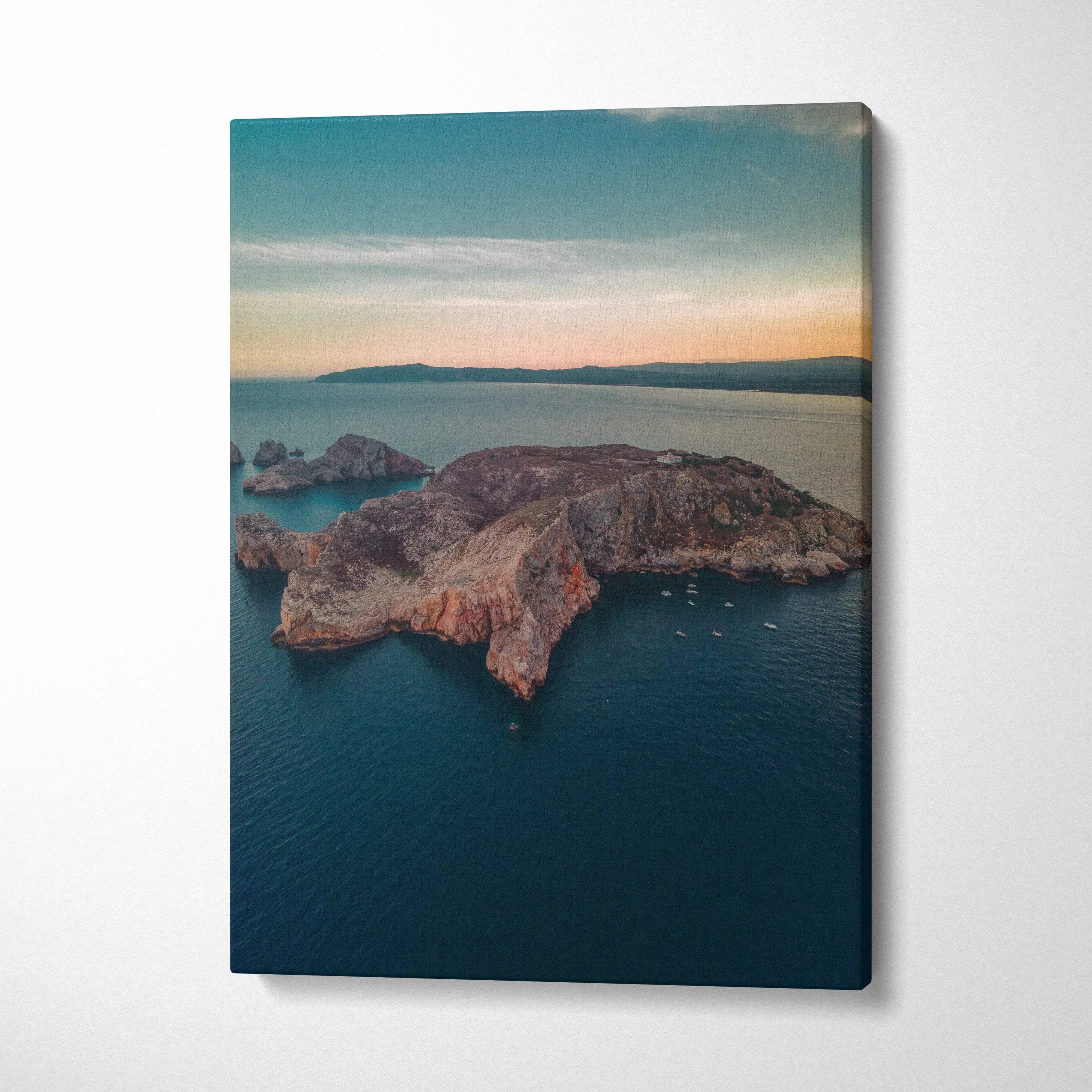 Canvas wall art featuring tranquil beach and mountain landscape at sunset with calm ocean waters.