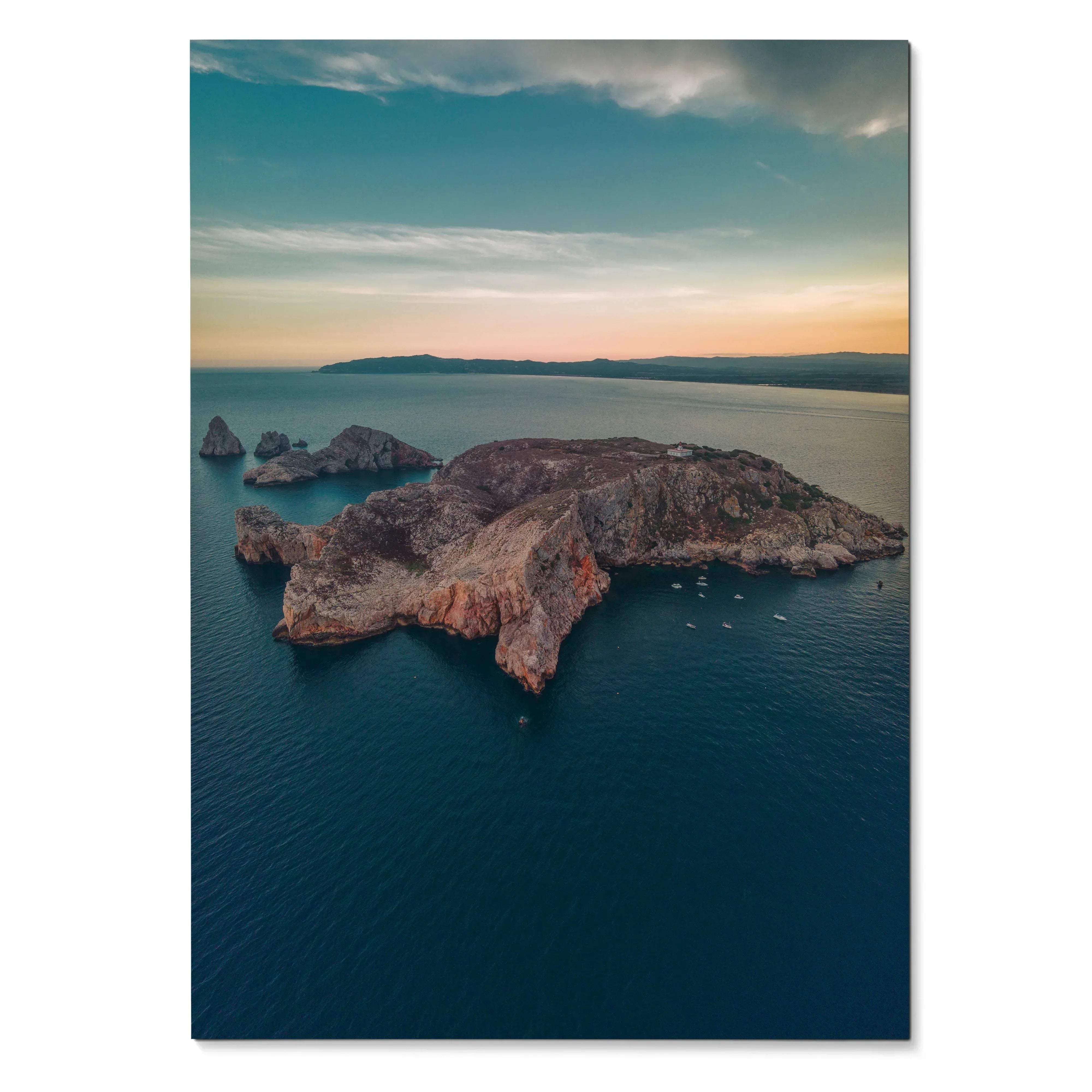 Vertical poster of rocky island and calm ocean under a pastel sunset sky, wall art print.