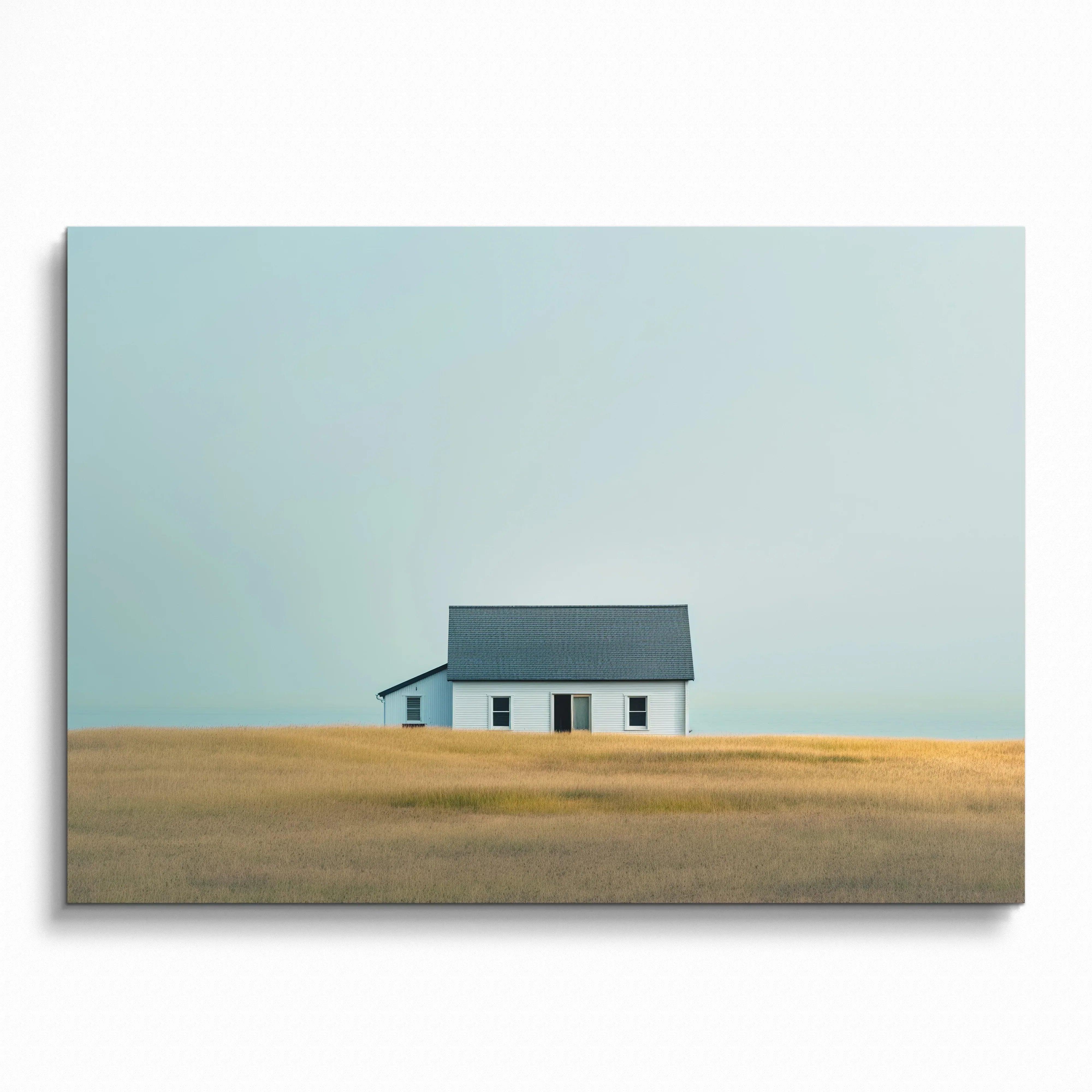 Modern urban building digital art poster with minimalist house on golden field wall art.