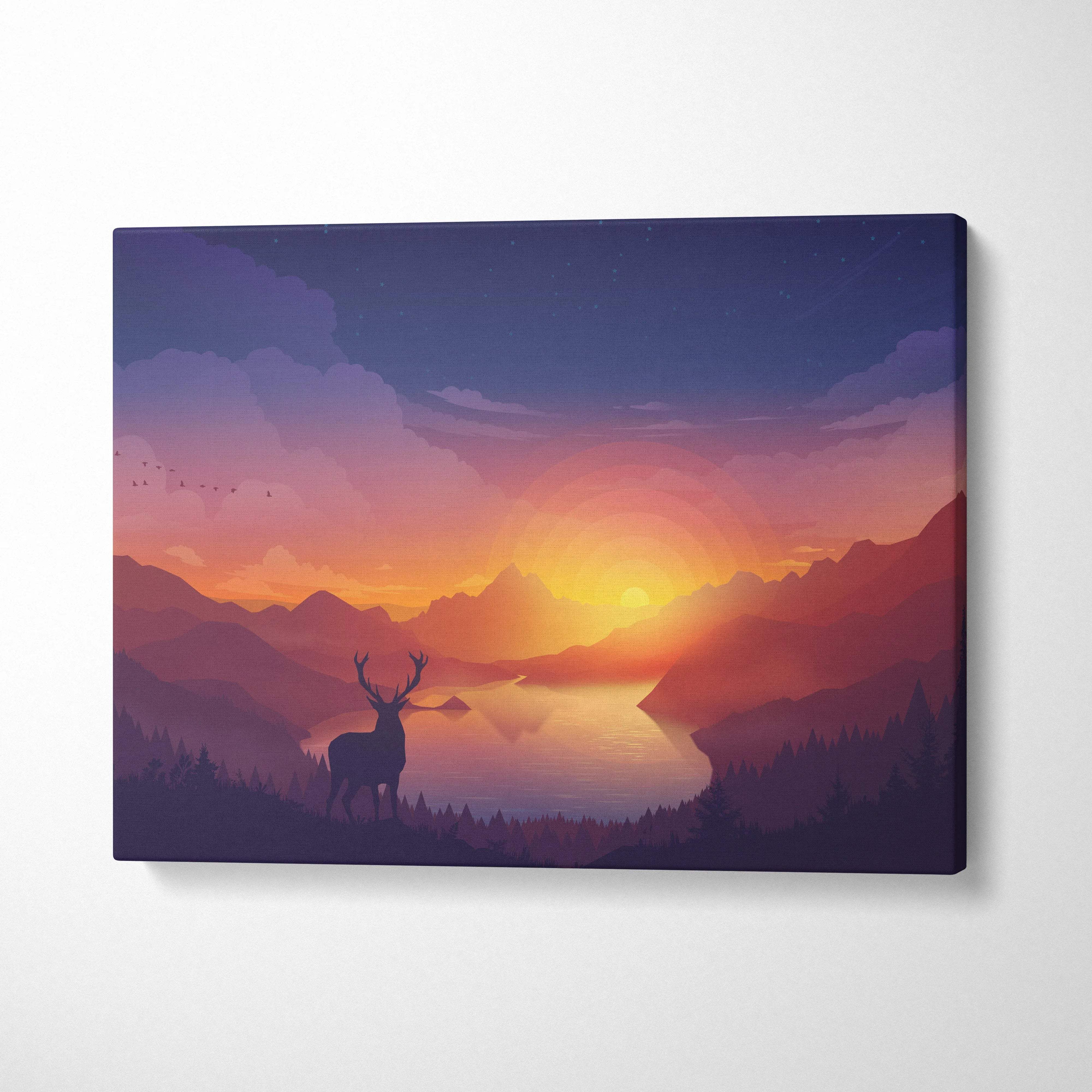 Minimal vector landscape canvas print with silhouetted deer at sunset over mountains