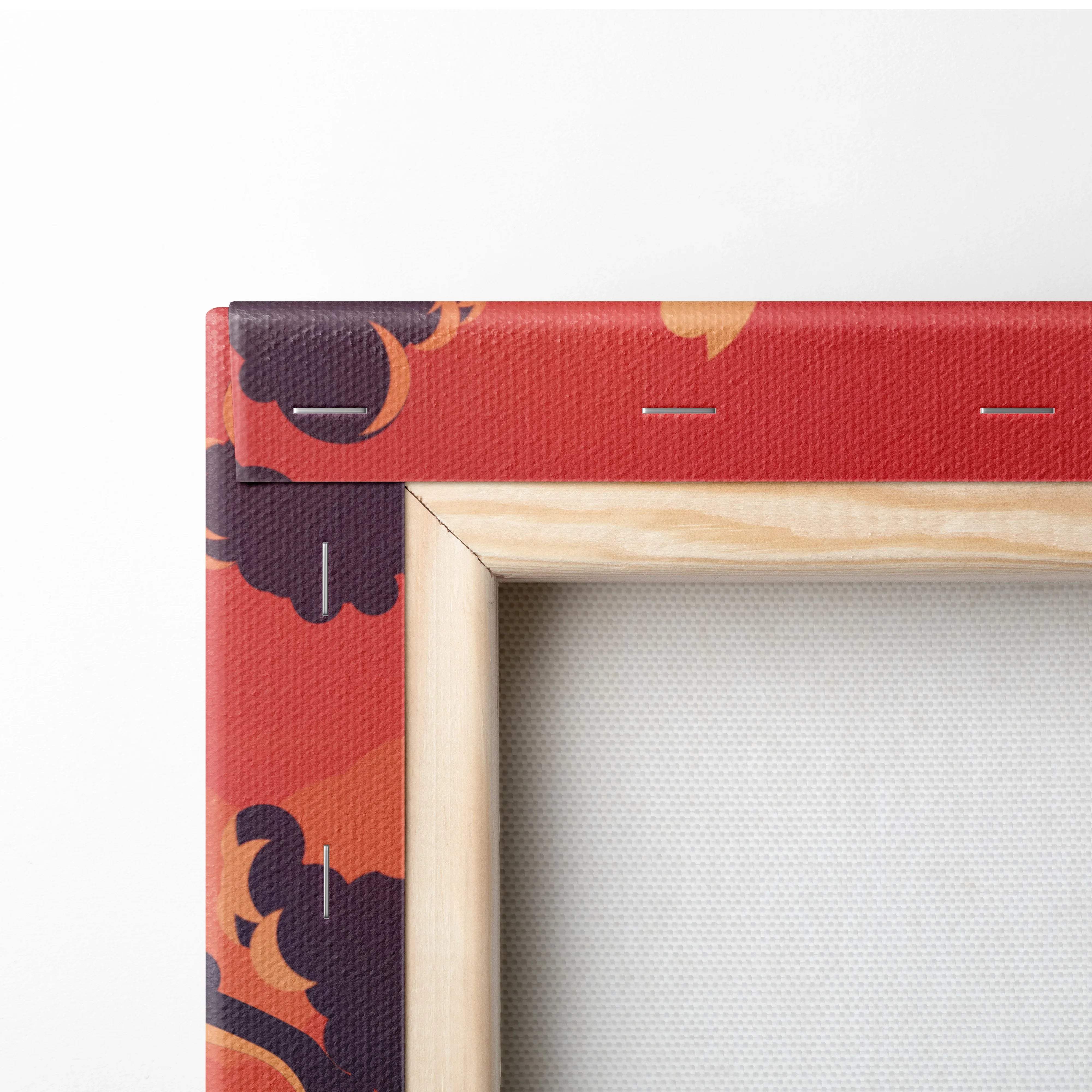 Stylized forest sunset canvas art in red with black orange florals, light wood frame