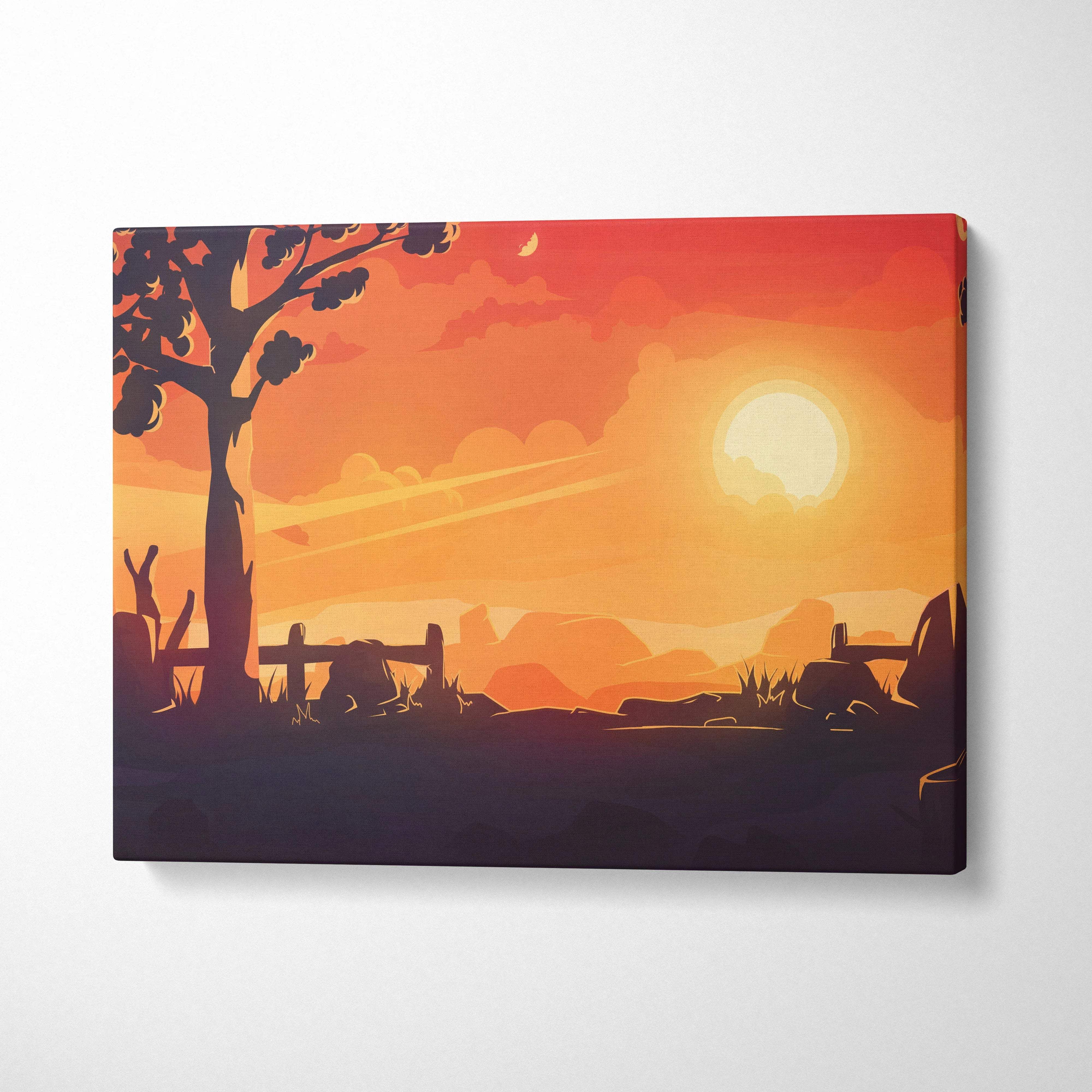 Stylized forest sunset canvas wall art featuring a silhouetted tree and fence against warm orange gold gradient skies