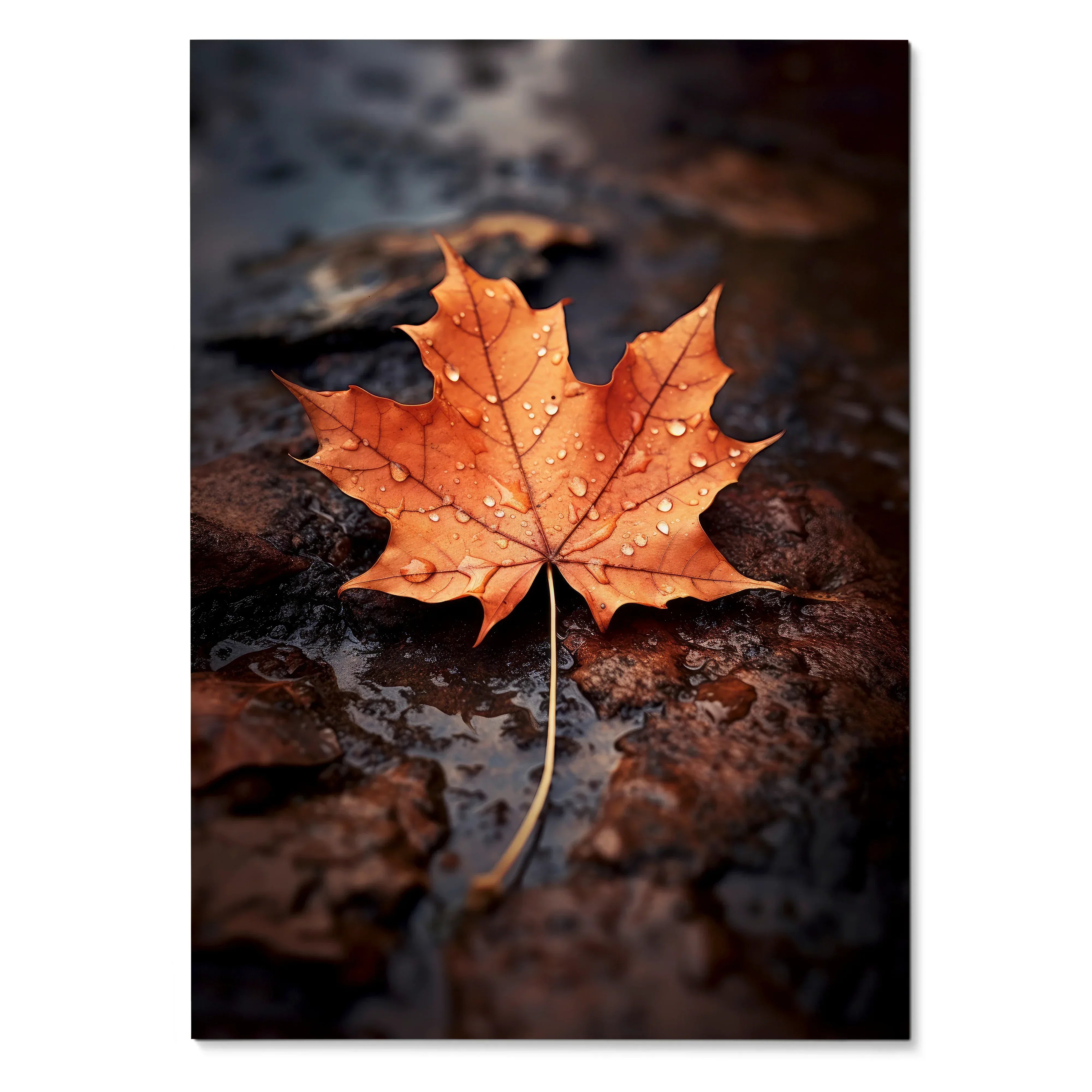 Vertical poster wall art featuring a vibrant orange autumn leaf with water droplets on dark, wet ground.