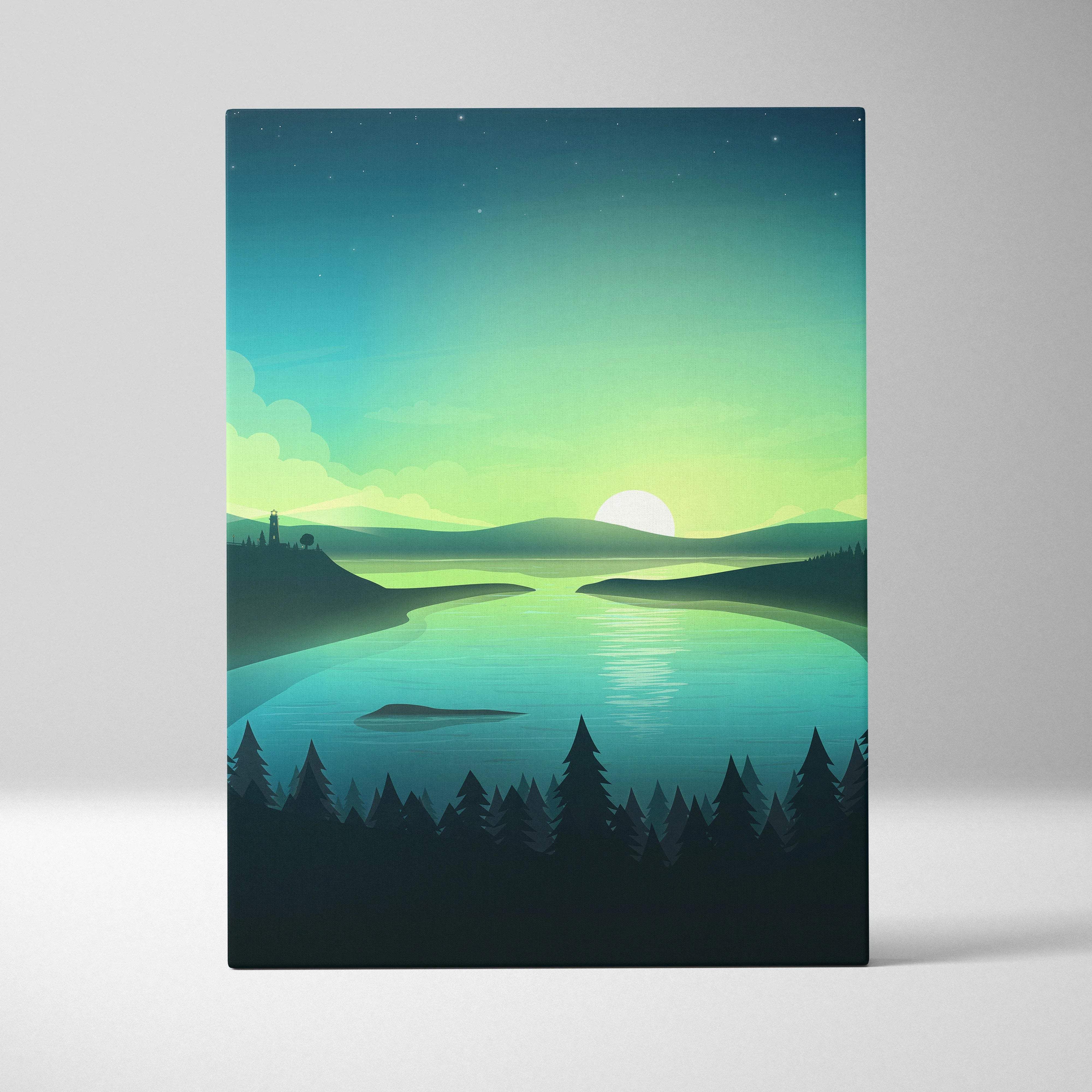 Serene Twilight Lake canvas art with emerald sky and calm reflection