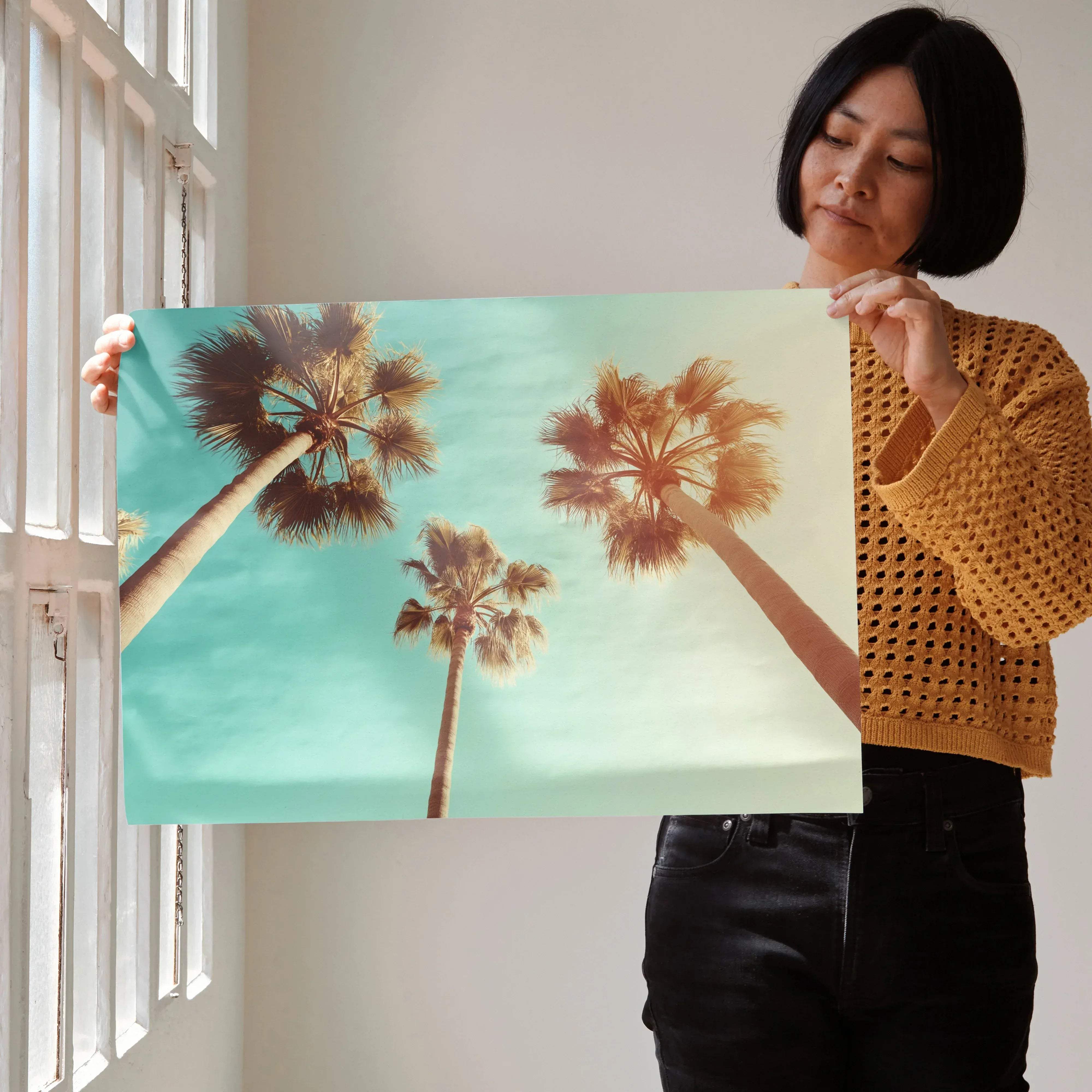 Serene beach digital art print featuring three tall palm trees against a teal to soft yellow gradient sky poster
