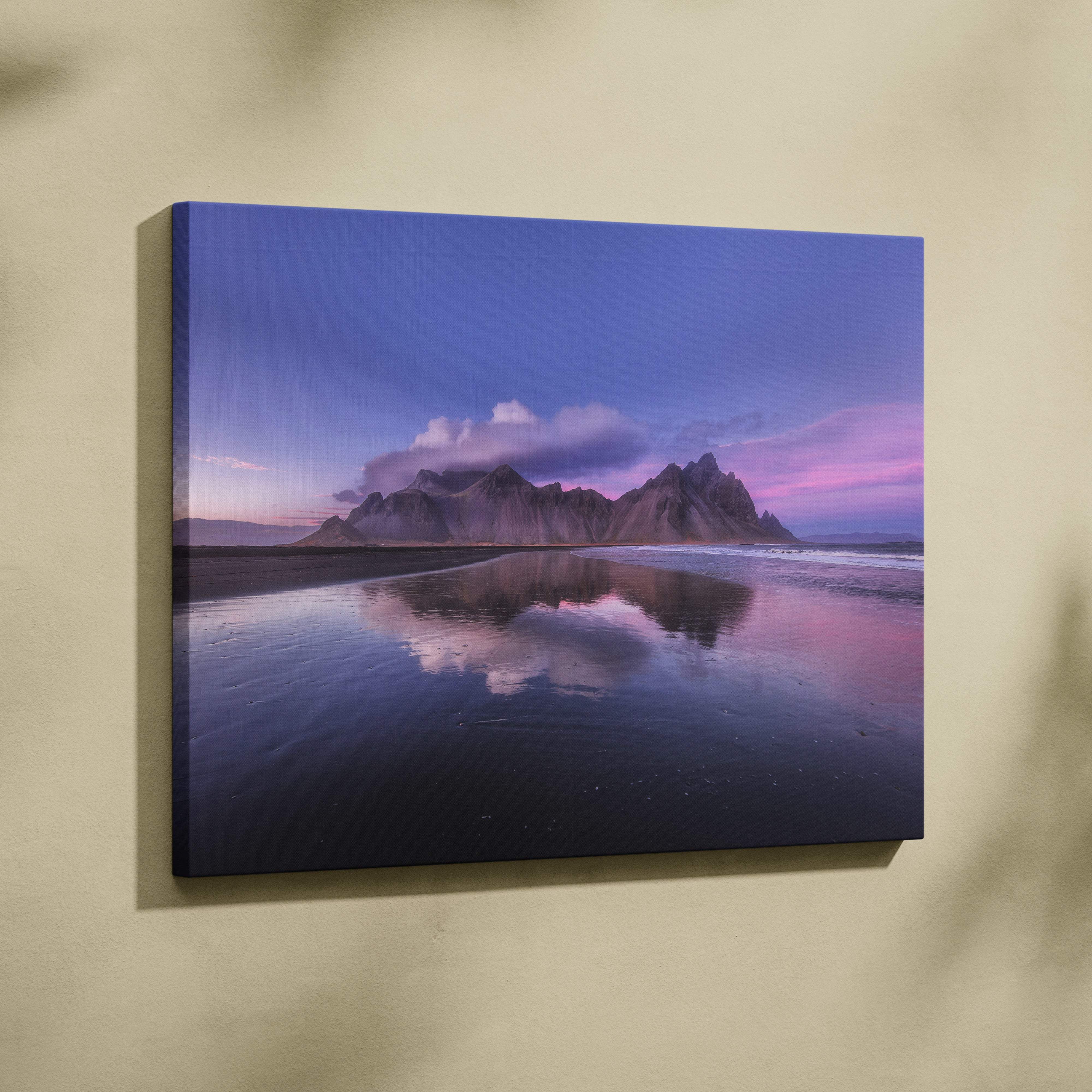 A square canvas print of iceland mountain beach with purple sunset reflection for modern living room decor