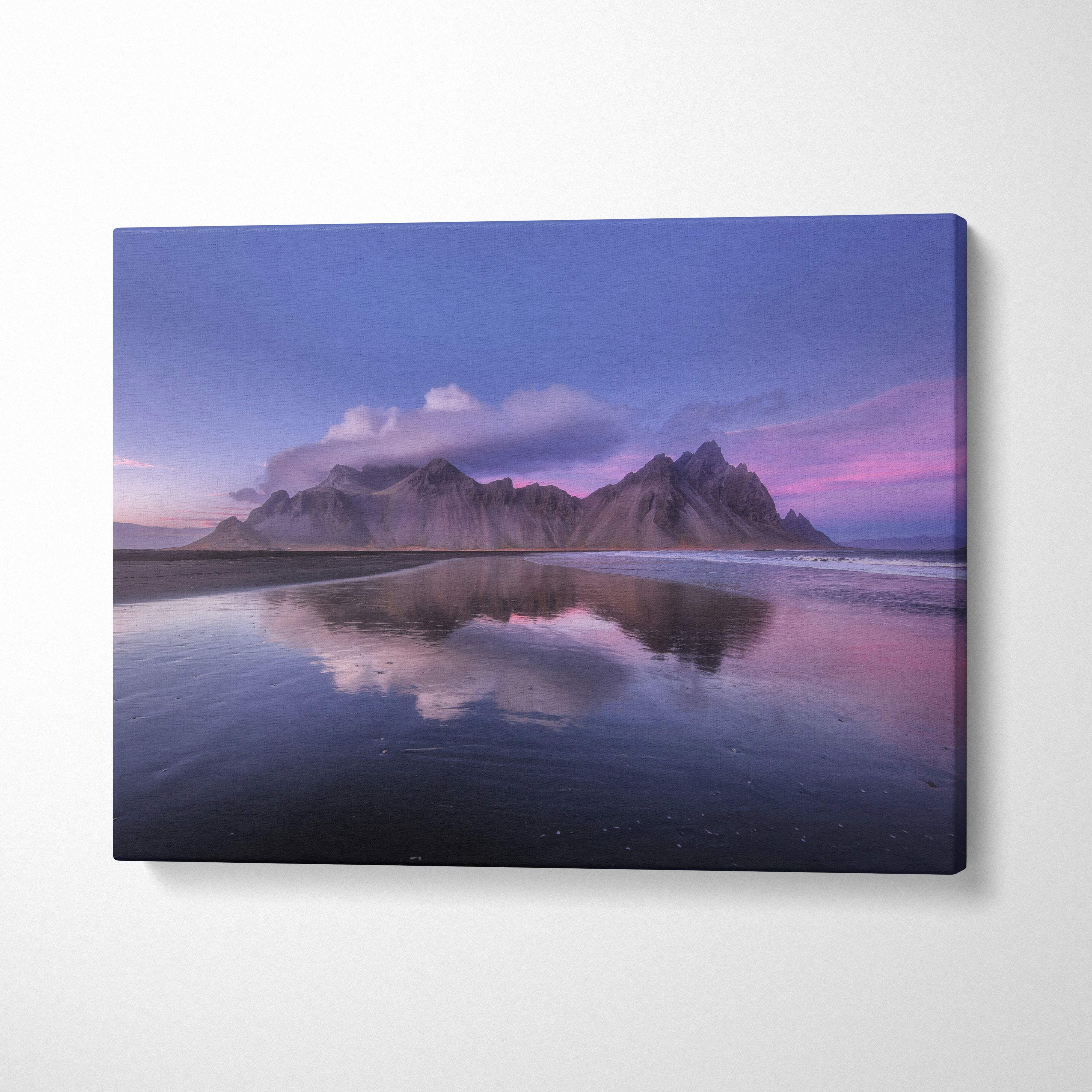 Rectangular canvas print of iceland mountain beach with purple sunset reflection ideal for modern or nordic decor