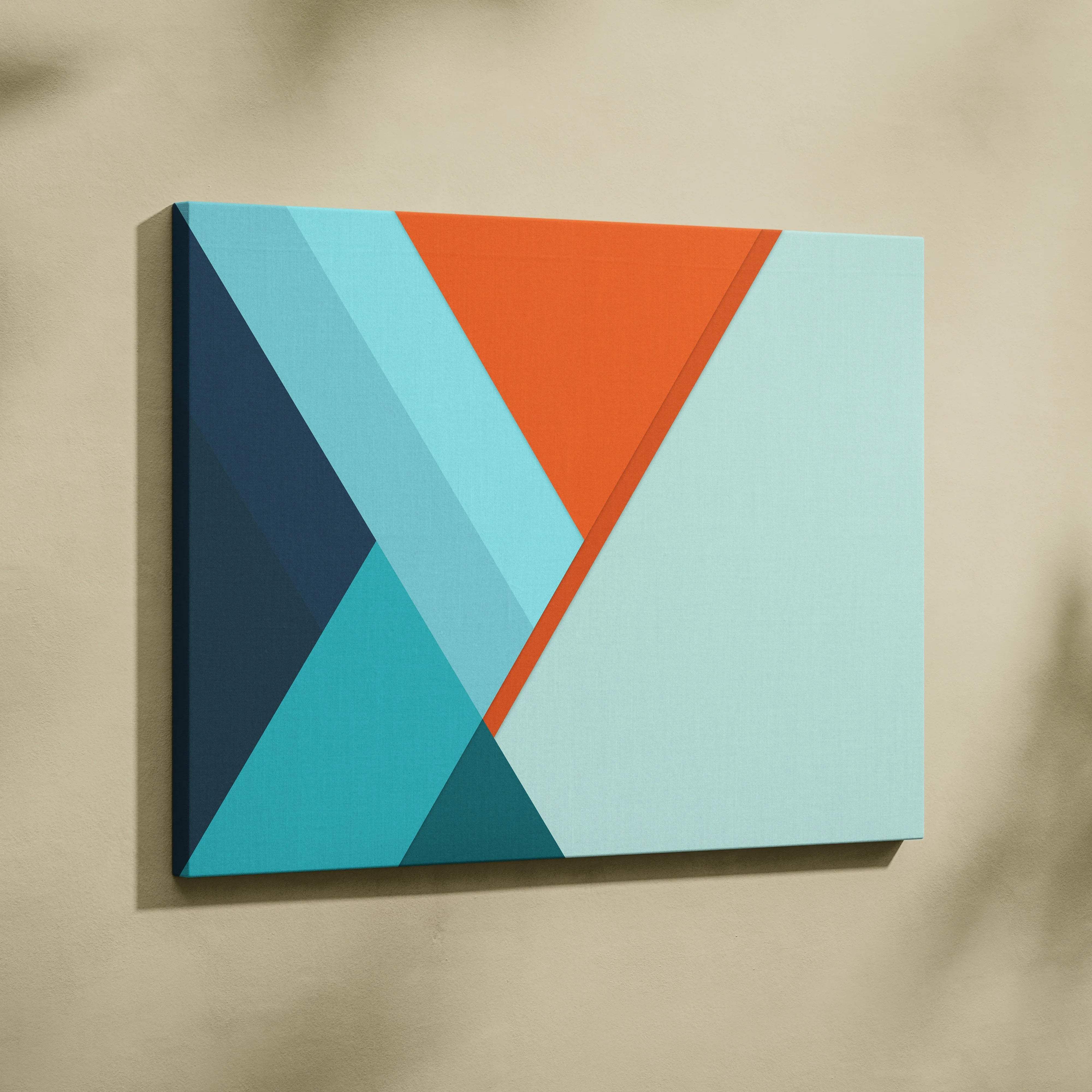 Modern geometric canvas art with teal, mint, navy, orange diagonals