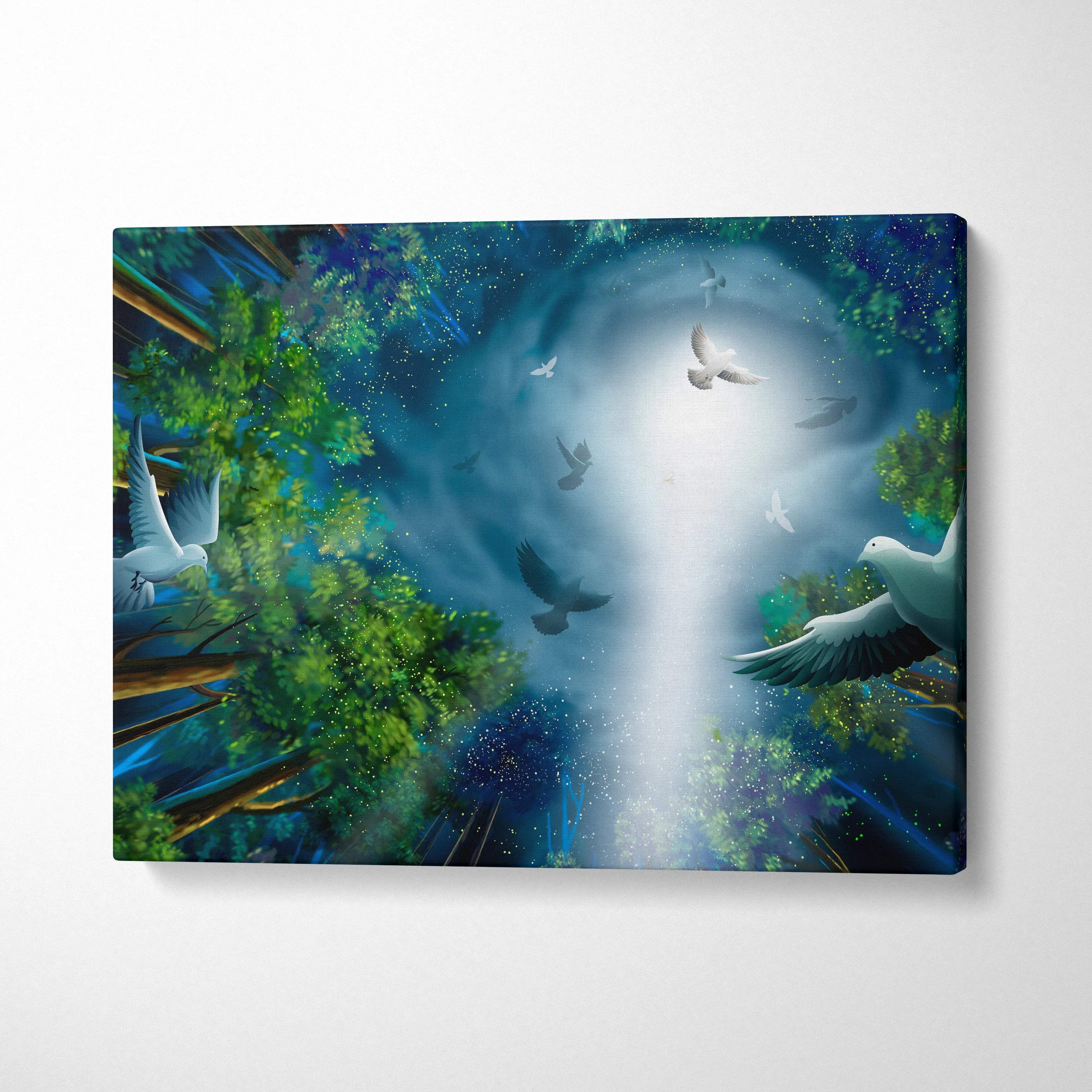 Fantasy Forest Doves canvas wall art in emerald greens, deep blues with radiant moonlight beam
