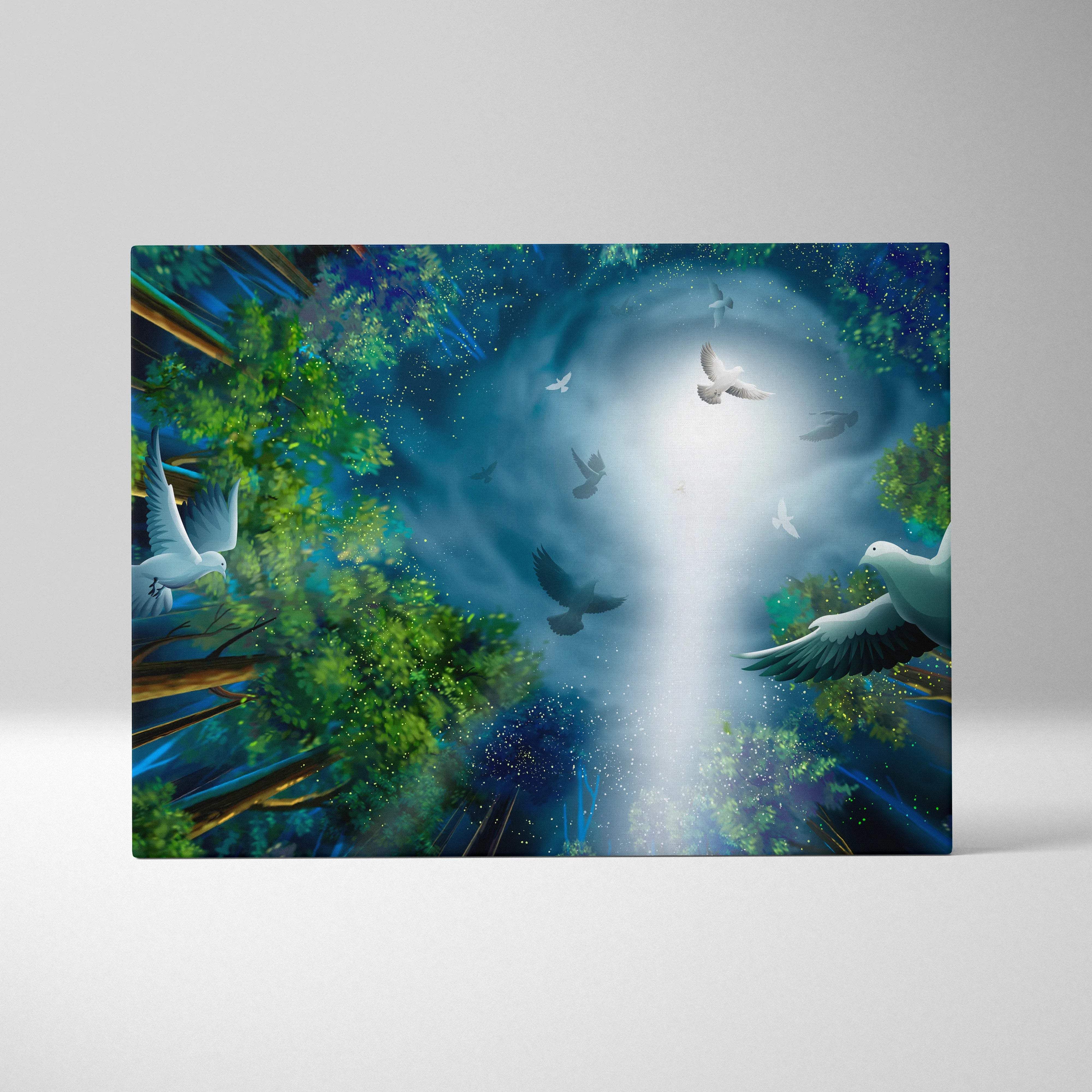 Fantasy Forest Doves canvas wall art with emerald greens, deep blues, radiant moonlight beam, mystical doves flying to glowing portal