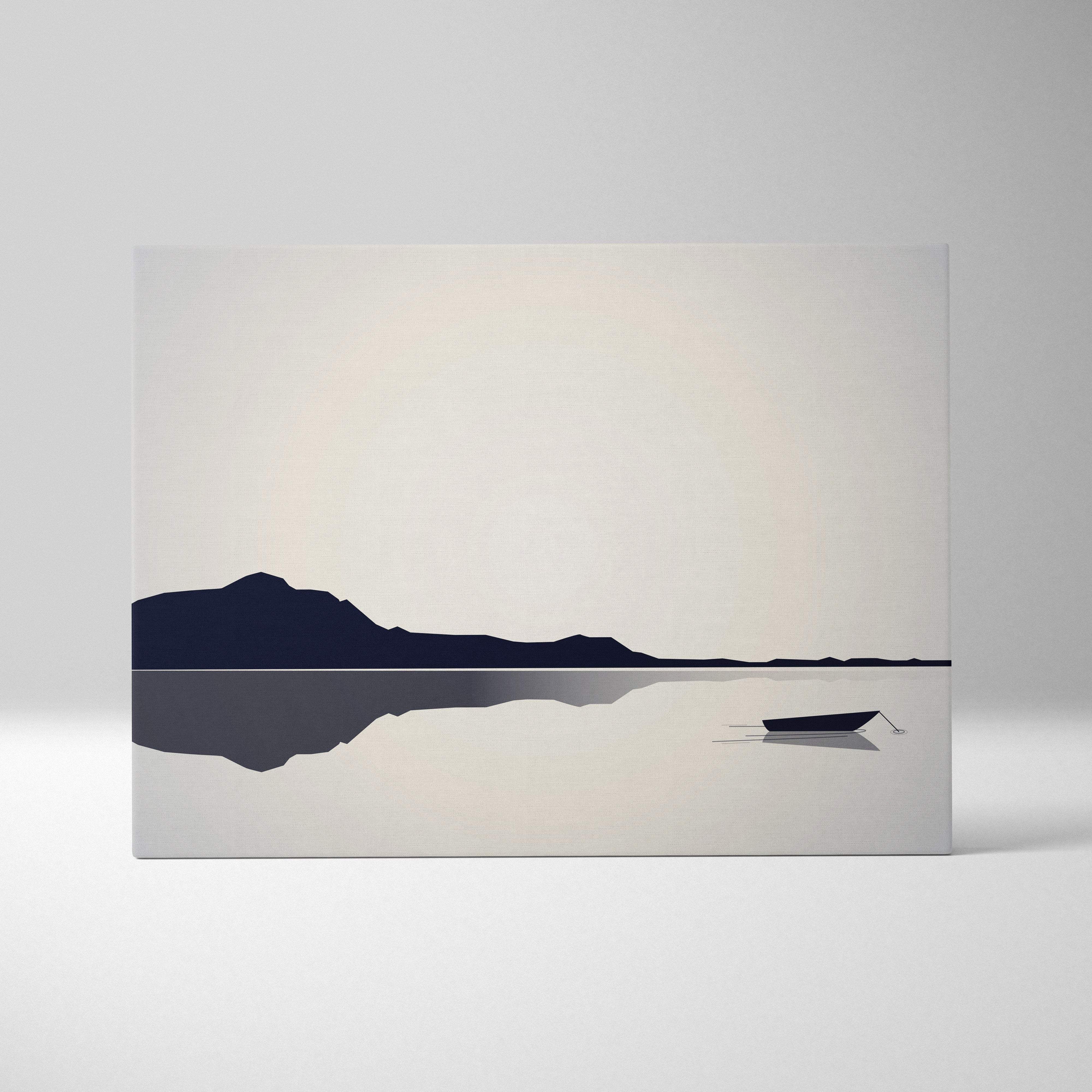 Minimalist monochrome lake canvas print with dark navy mountain silhouette and lone boat reflected on calm gray water