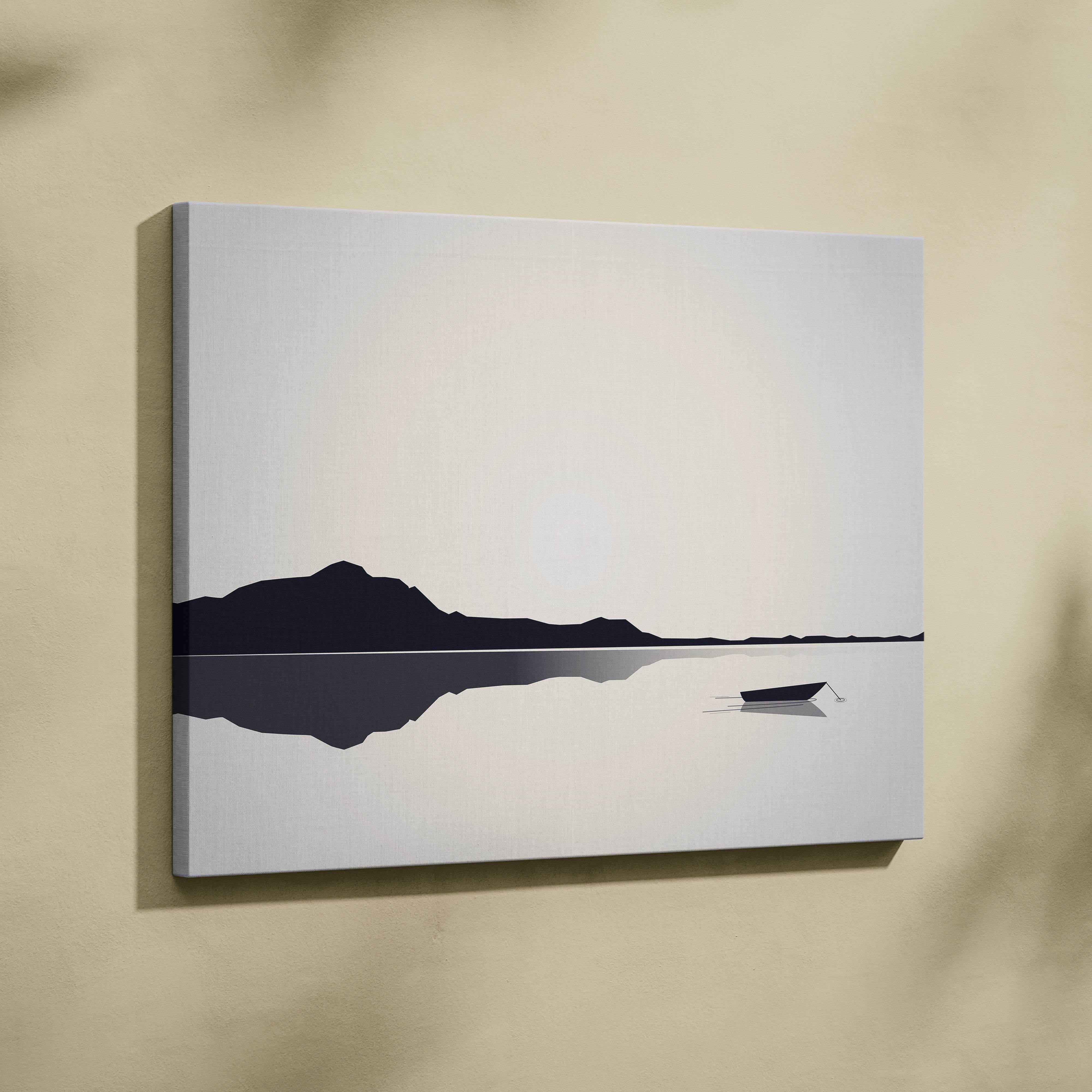 Minimalist monochrome canvas wall art print featuring black mountain and boat silhouettes on off-white background for modern decor