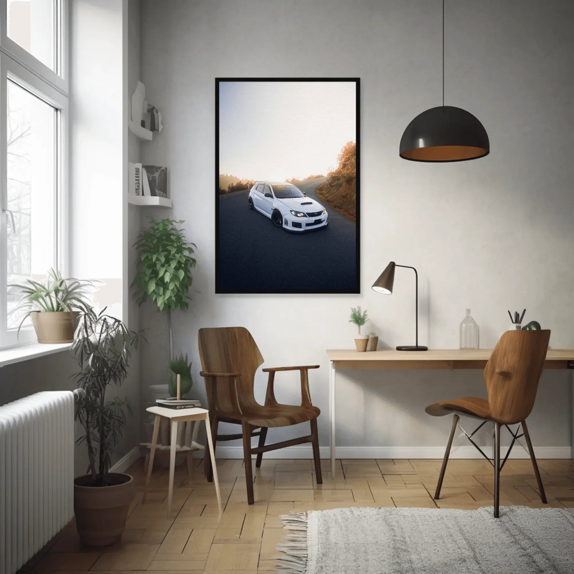 Subaru WRX STI poster wall art featuring a white car on a road with autumn trees.