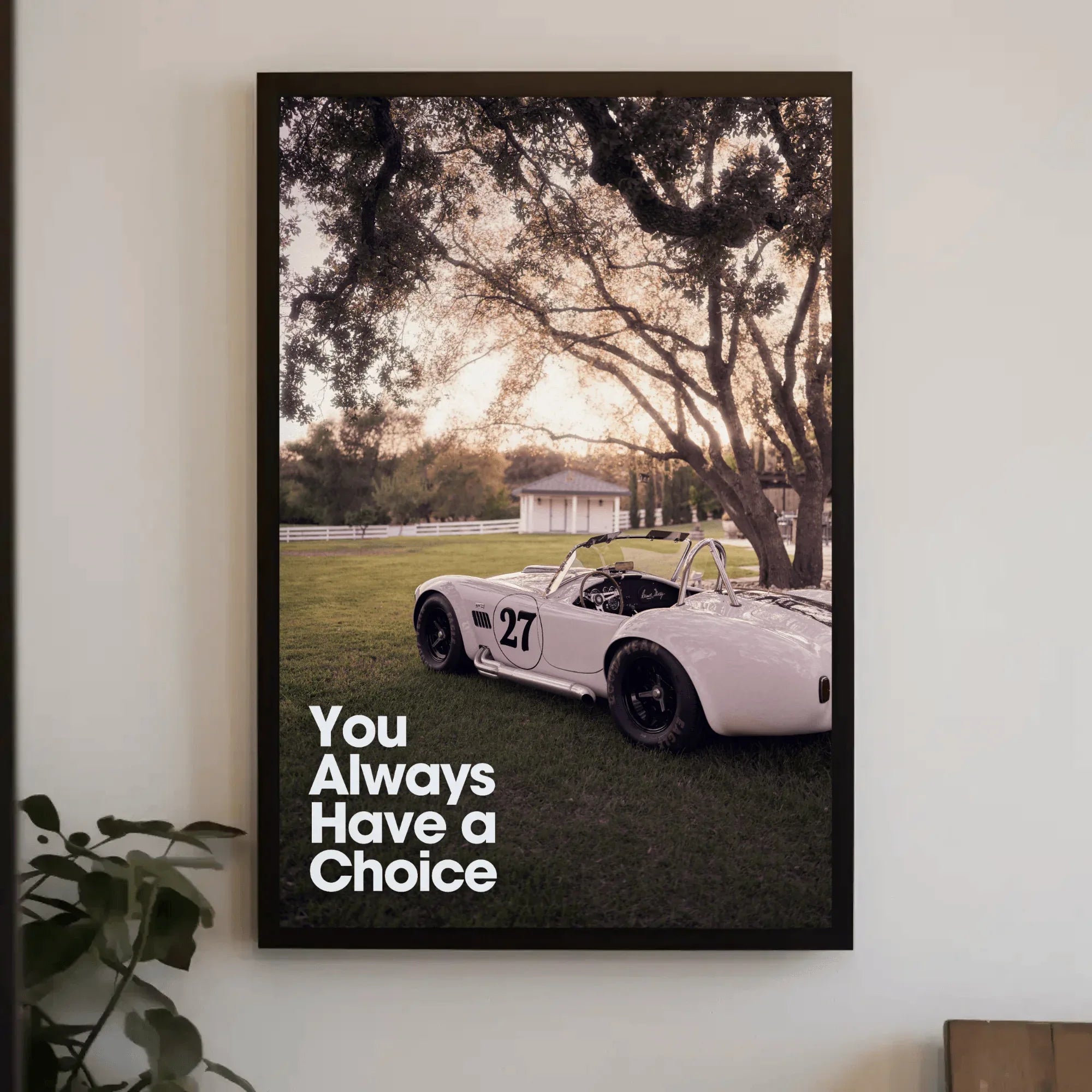 Motivational poster wall art featuring white Shelby Cobra #27 with "You Always Have a Choice" text in outdoor setting.