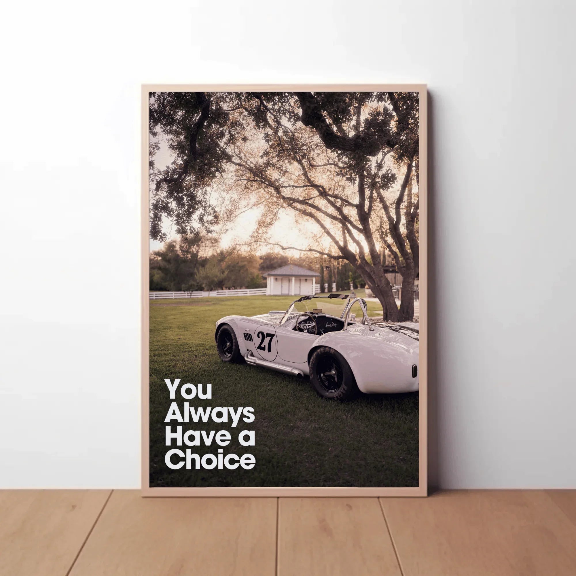 Motivational poster wall art featuring a white Shelby Cobra car under trees with "You Always Have a Choice" text.