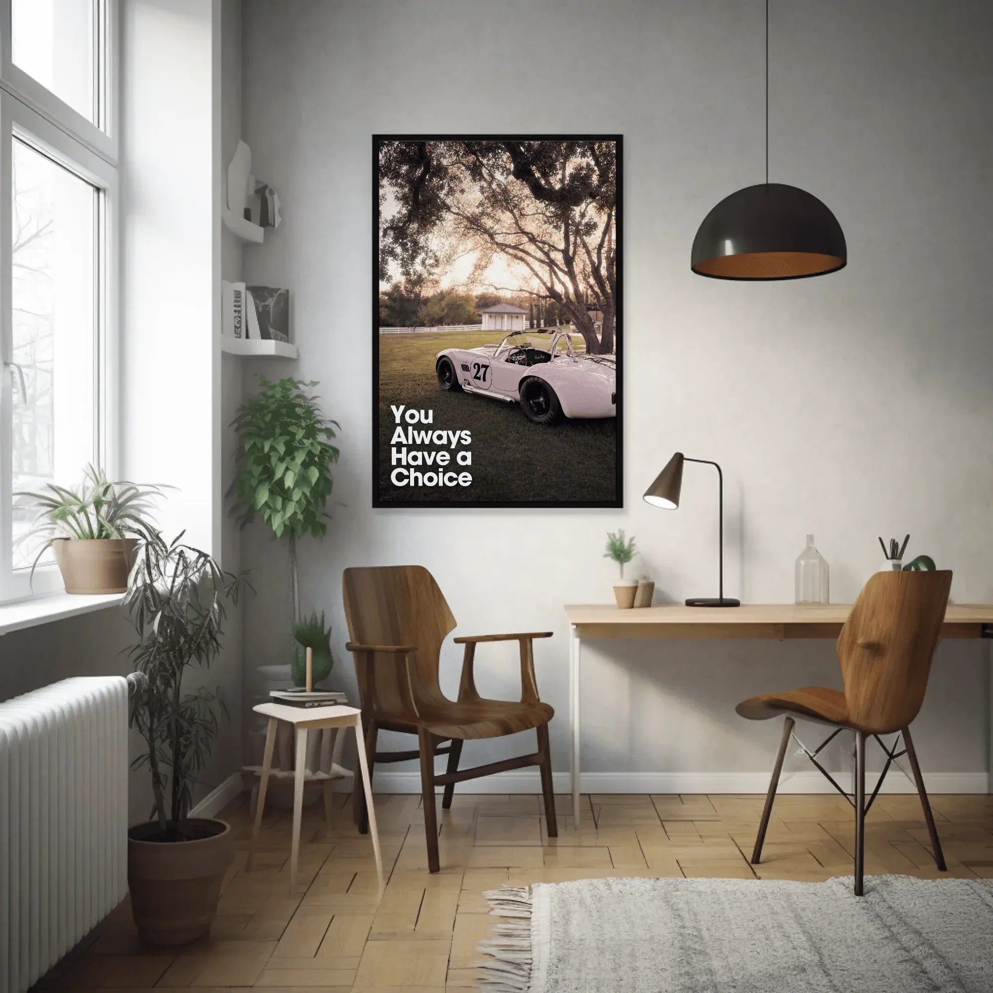 Motivational poster wall art featuring a white Shelby Cobra car with "You Always Have a Choice" text in a modern living room.
