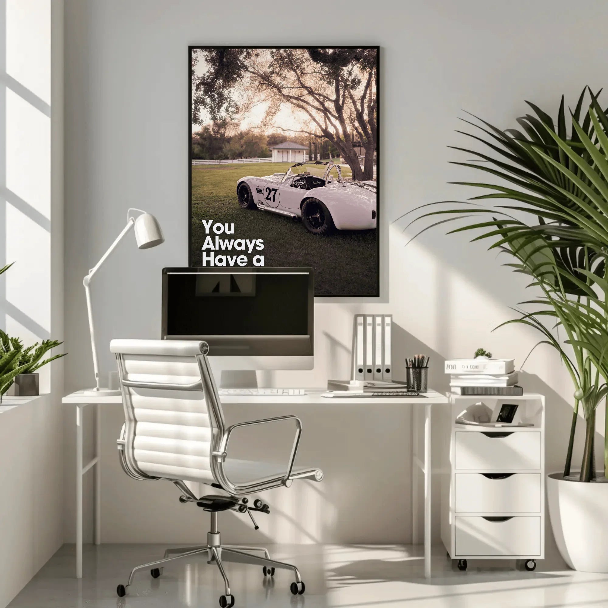 Shelby Cobra car poster with motivational text "You Always Have a Choice" framed wall art above white modern desk setup.
