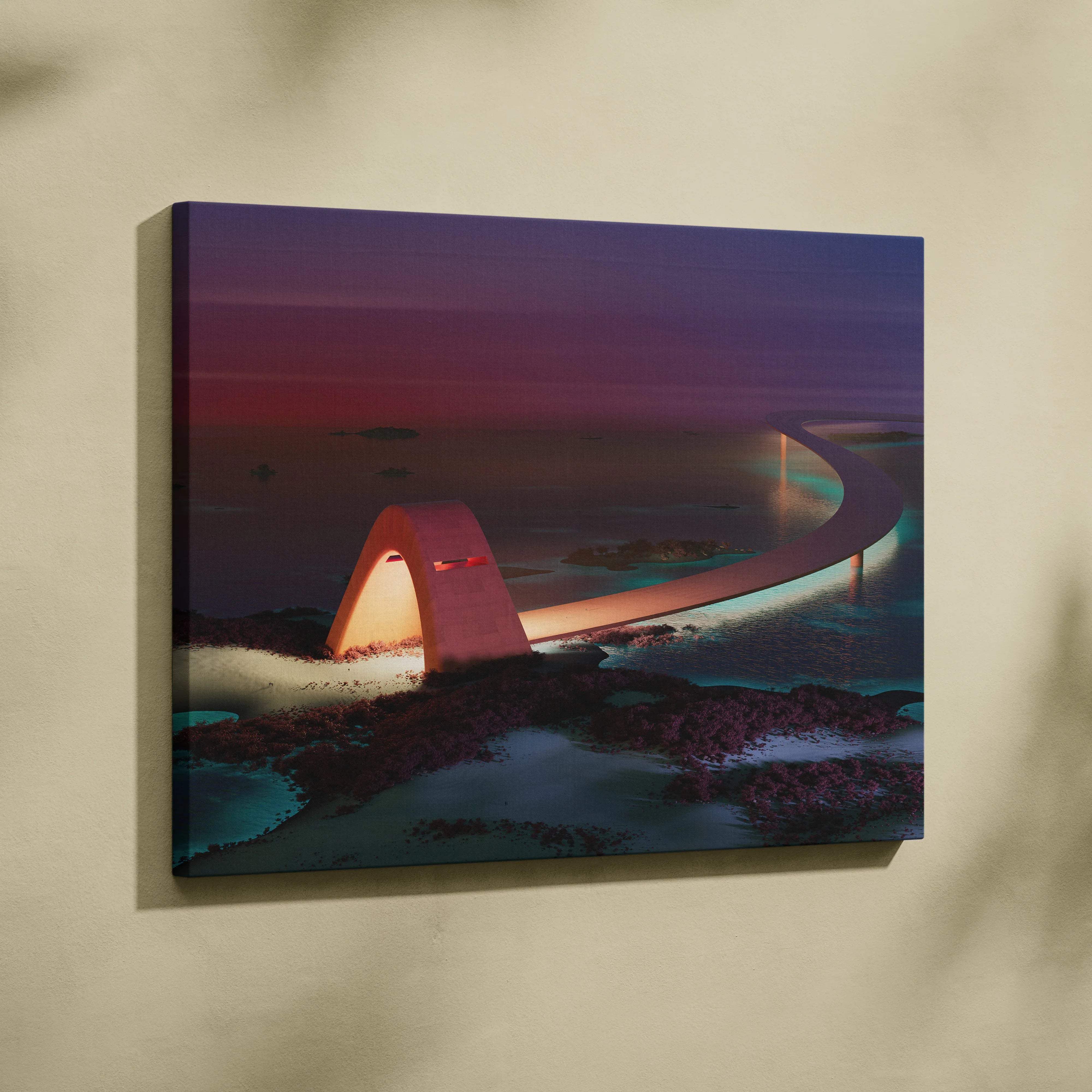Futuristic glowing arched bridge over serene sea at dusk canvas art