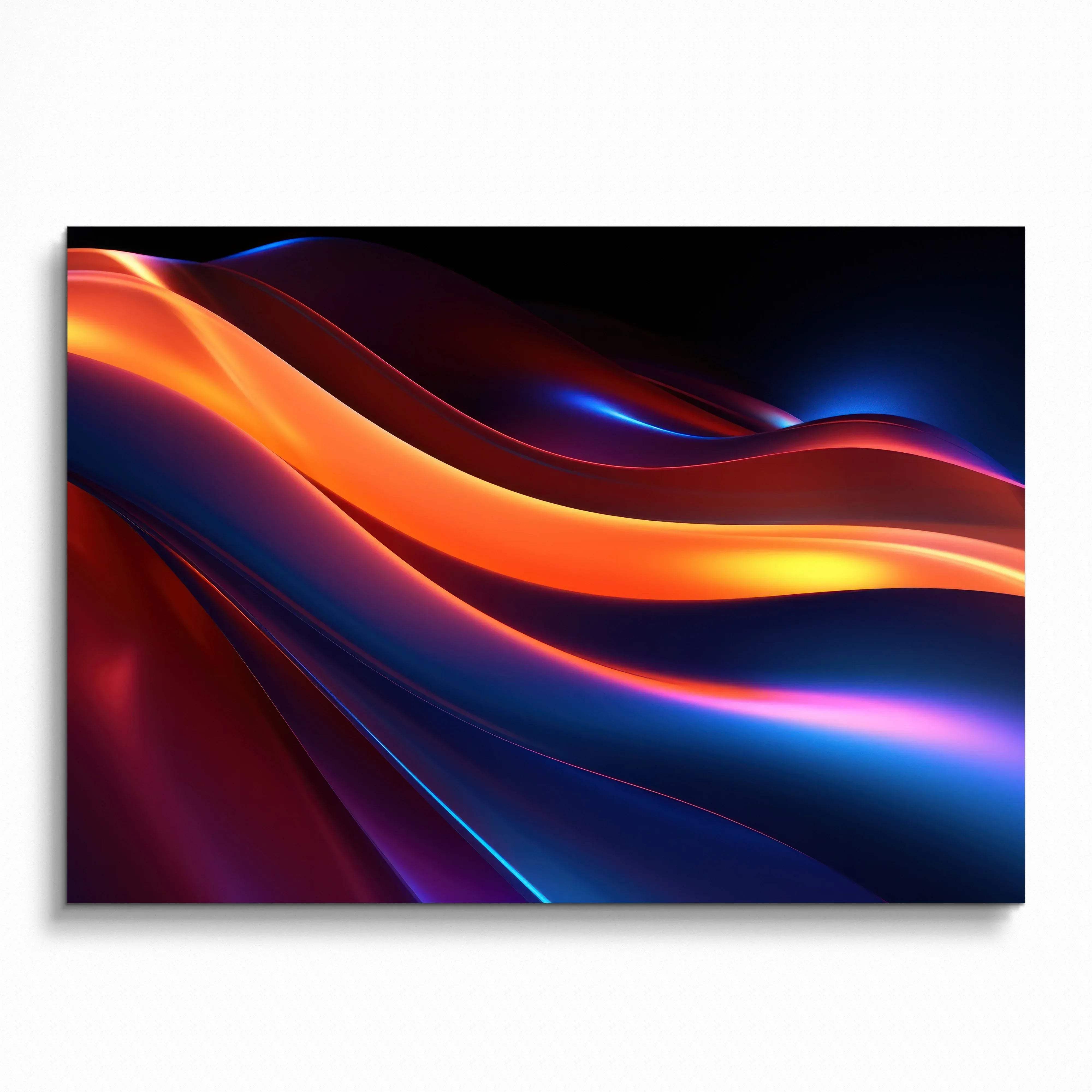 Modern abstract digital art poster with flowing orange and blue light waves on dark background wall art.