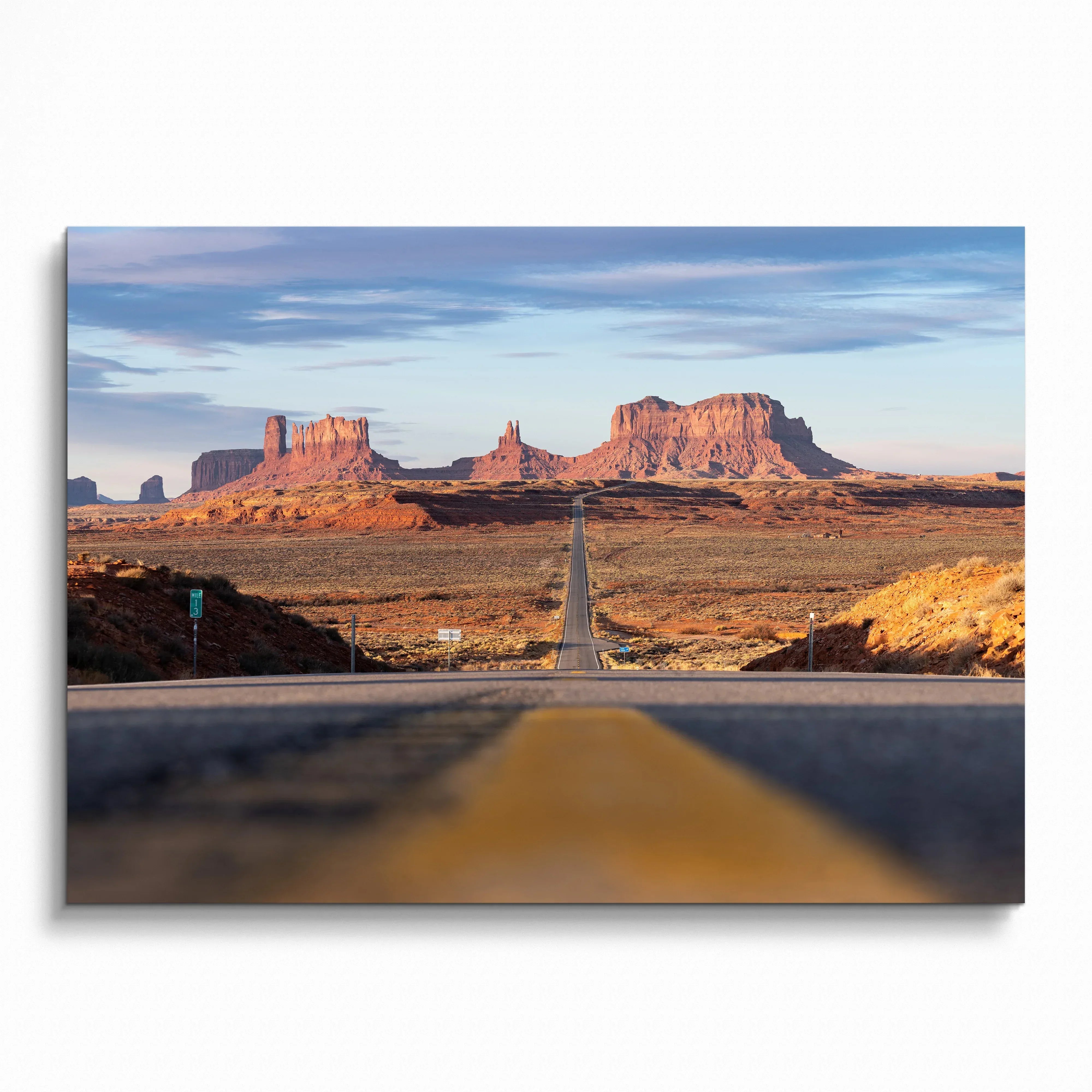 Majestic desert mountain landscape poster with open road, wall art featuring red rock formations and blue sky.
