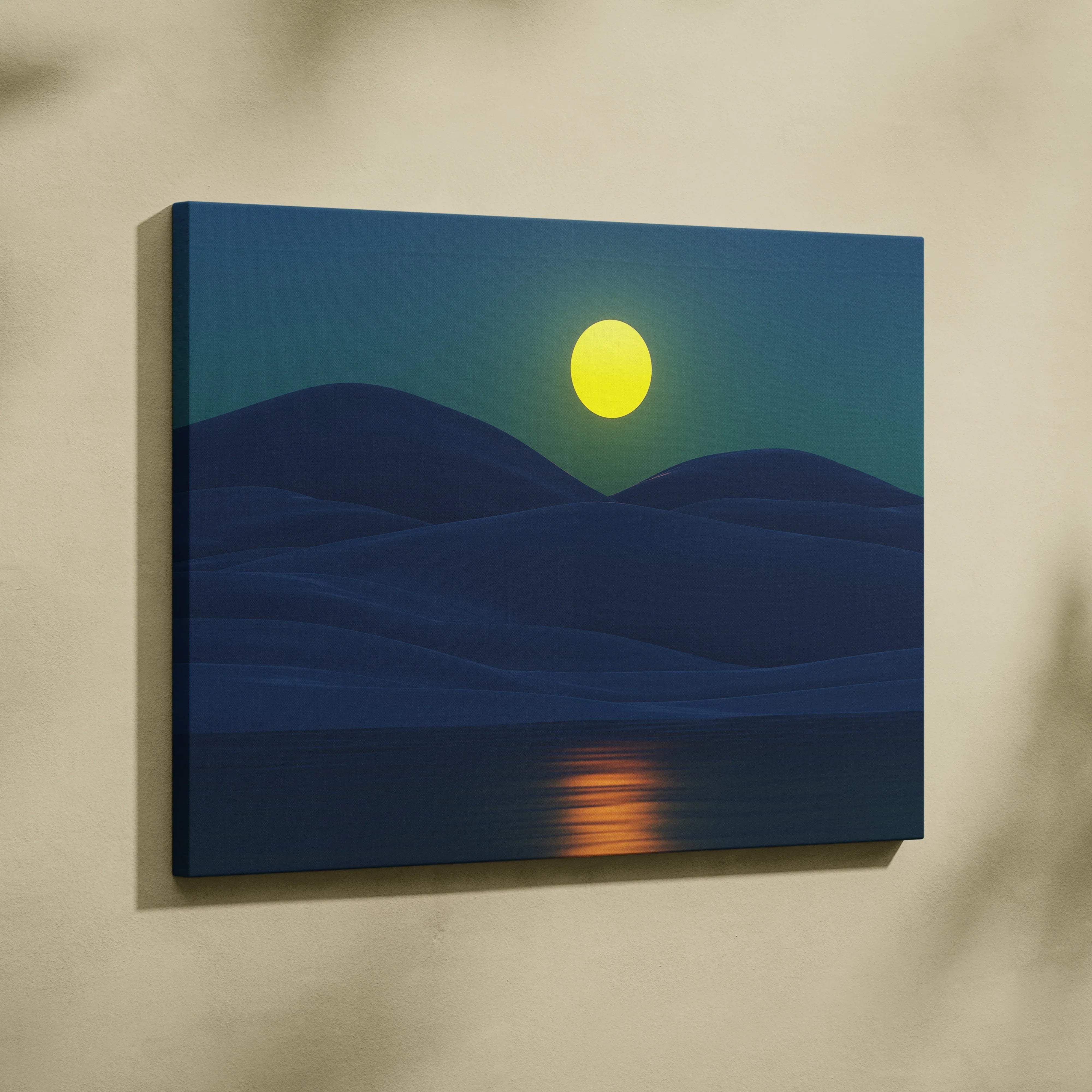 Minimalist glowing yellow moon over teal mountains and reflective lake