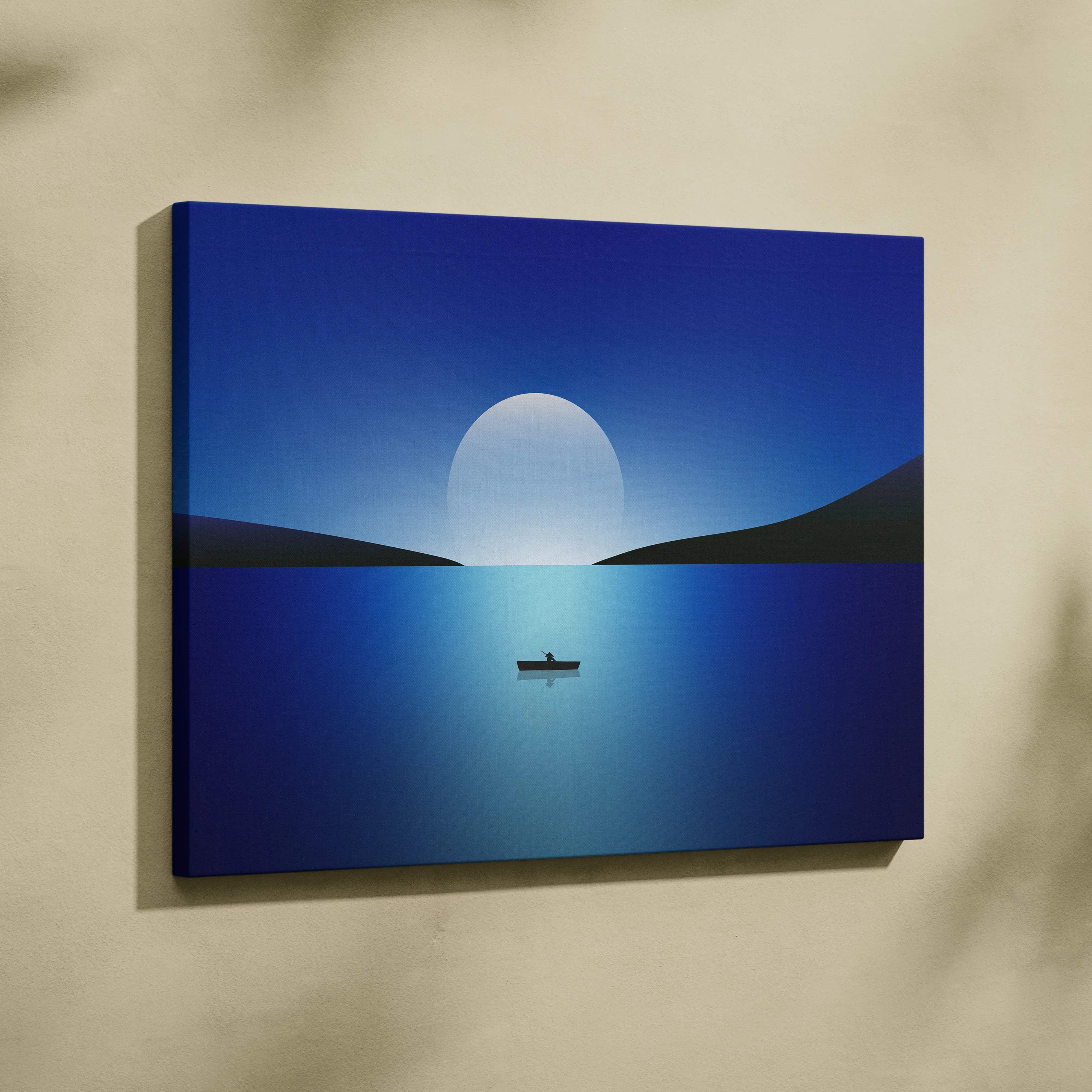 Minimal night seascape canvas print with lone boat on calm water under rising moon