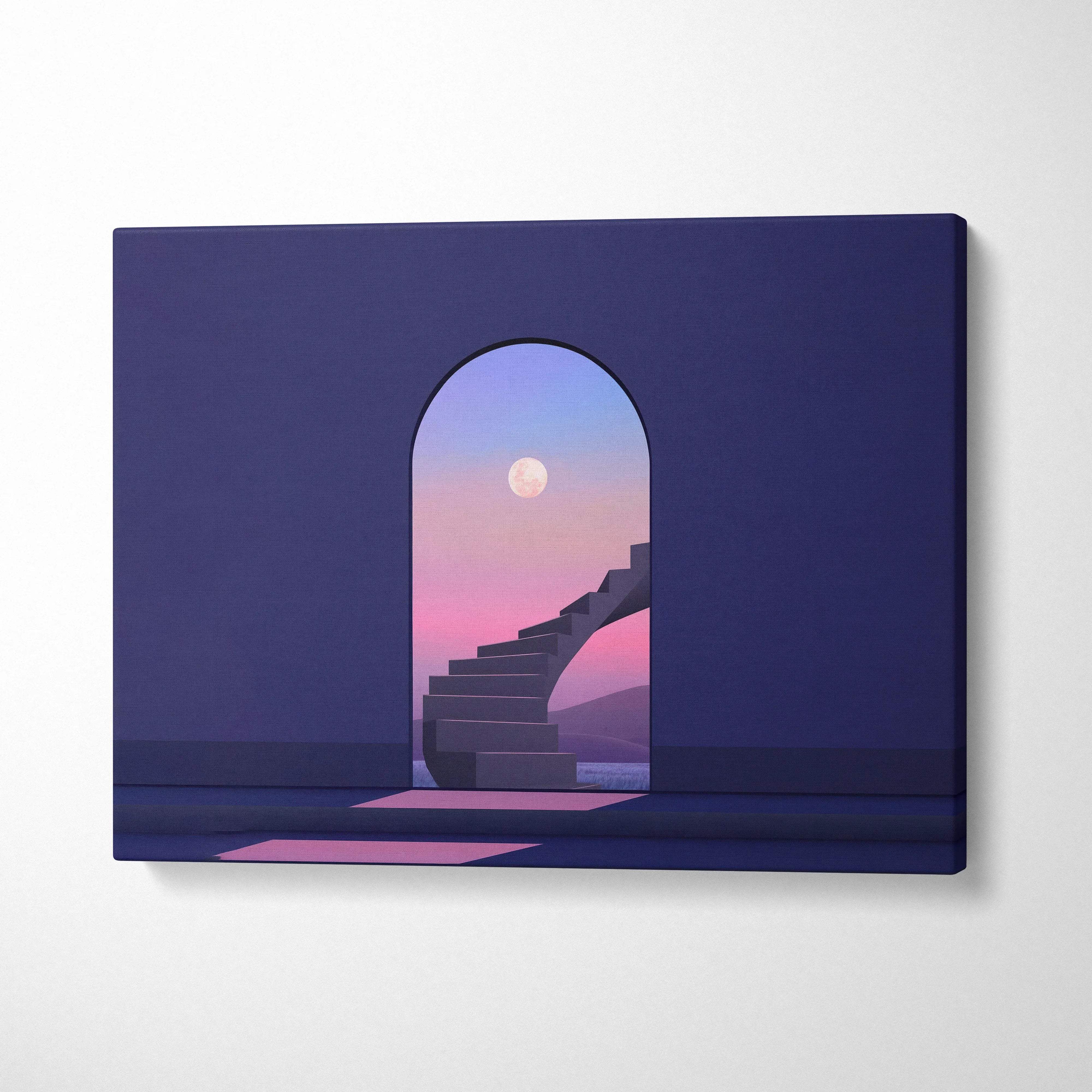 Surreal minimalist staircase through archway to moonlit twilight sky canvas art