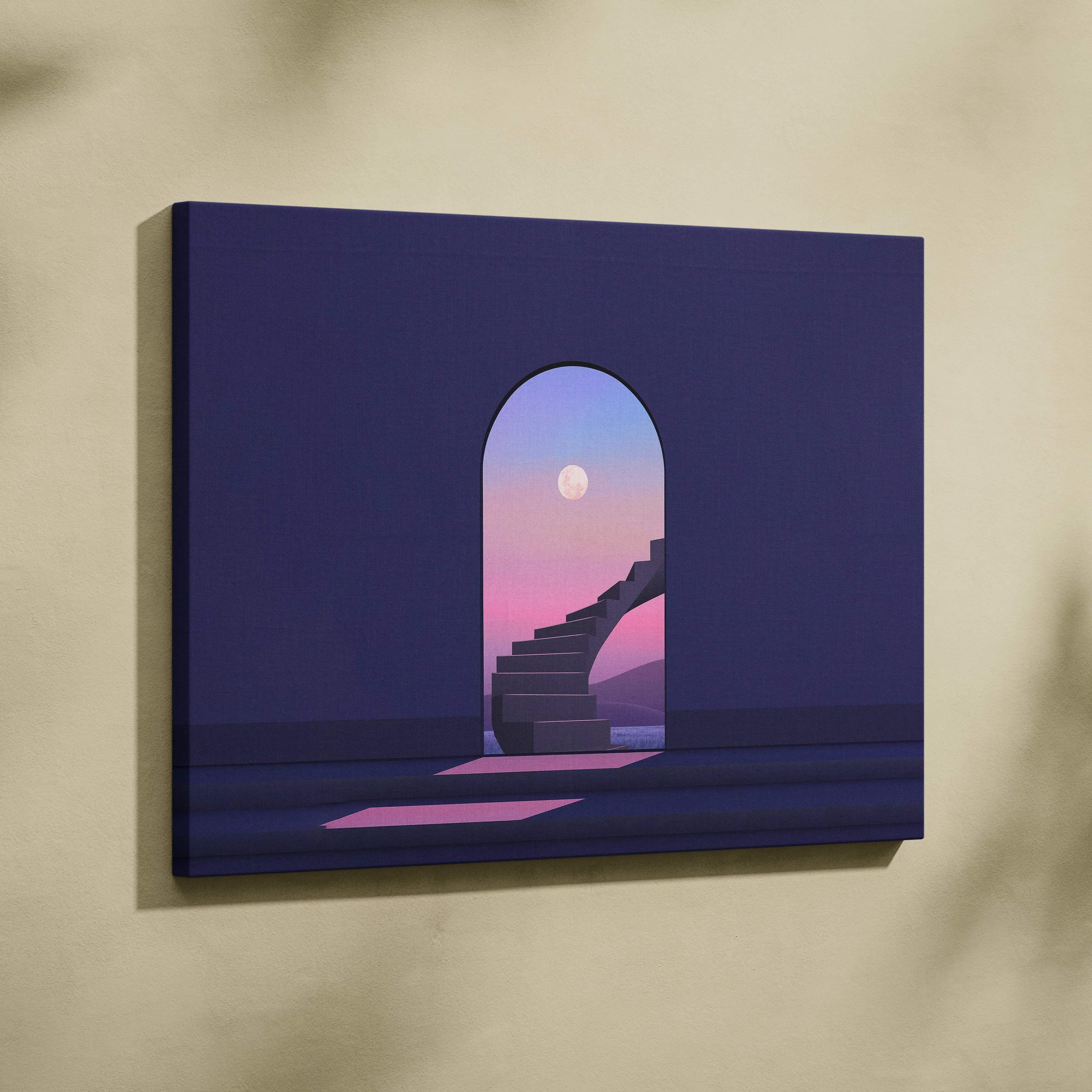 Surreal minimalist staircase through archway to moonlit twilight sky canvas art