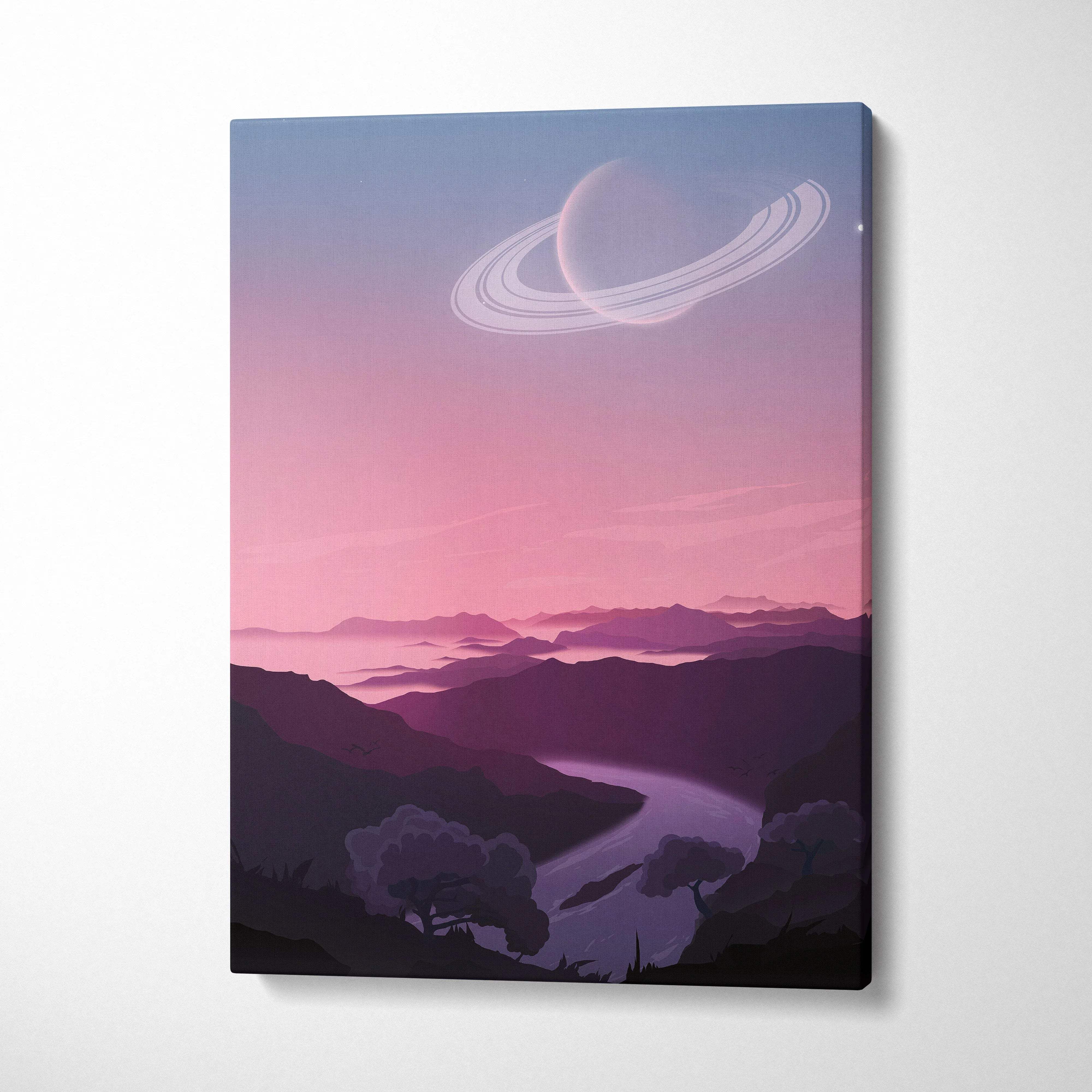 Dreamlike Saturn with rings over pastel sky, river, shadowed hills canvas art