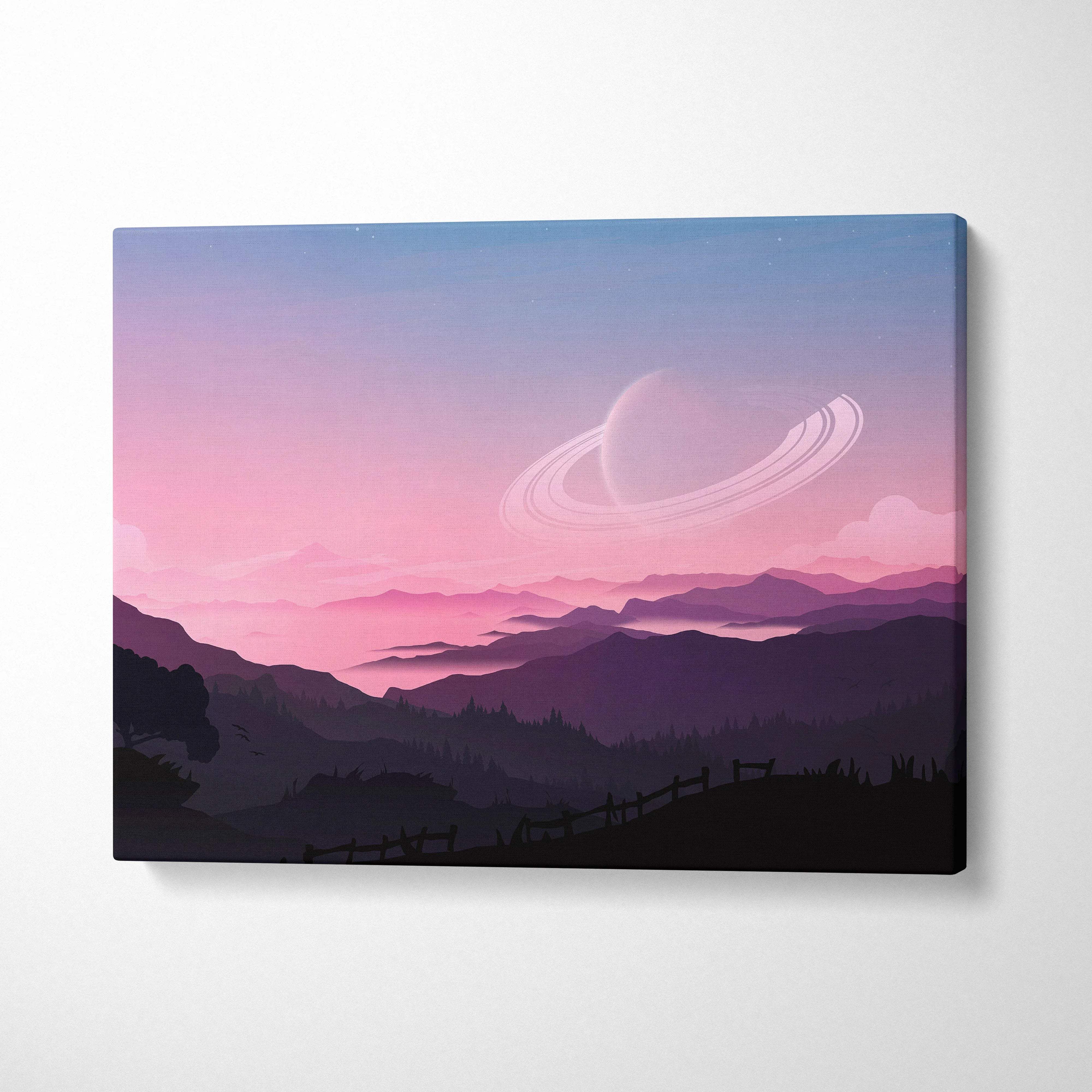 Minimalist sci-fi pastel canvas print of ringed planet and layered mountains
